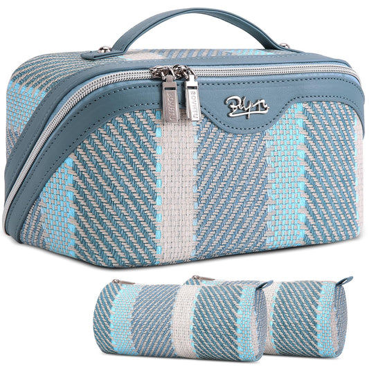 BOYATU Travel Makeup Bag Cosmetic Bag for Women: 3 Pcs Set Make up Bag with Compartments - Waterproof Vegan Leather Toiletry Bags with Handle - Makeup Organizer for Travel Essentials(C-1-Blue)