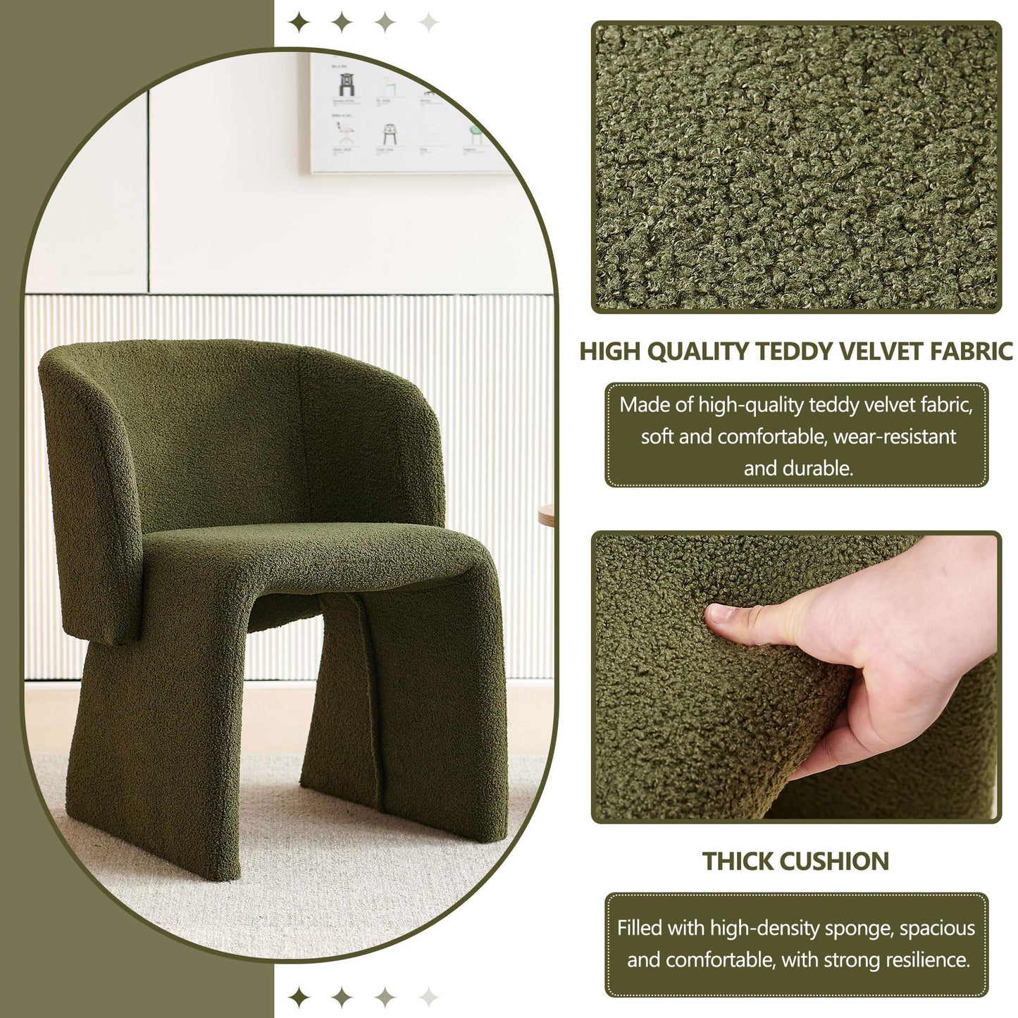 Homedot Green Dining Arm Chairs Set of 4, Upholstered Mid Century Modern Home Kitchen Chairs with Curved Backrest & Armrest, Teddy Velvet Accent Chairs for Dining Room, Bedroom, Dressing Room