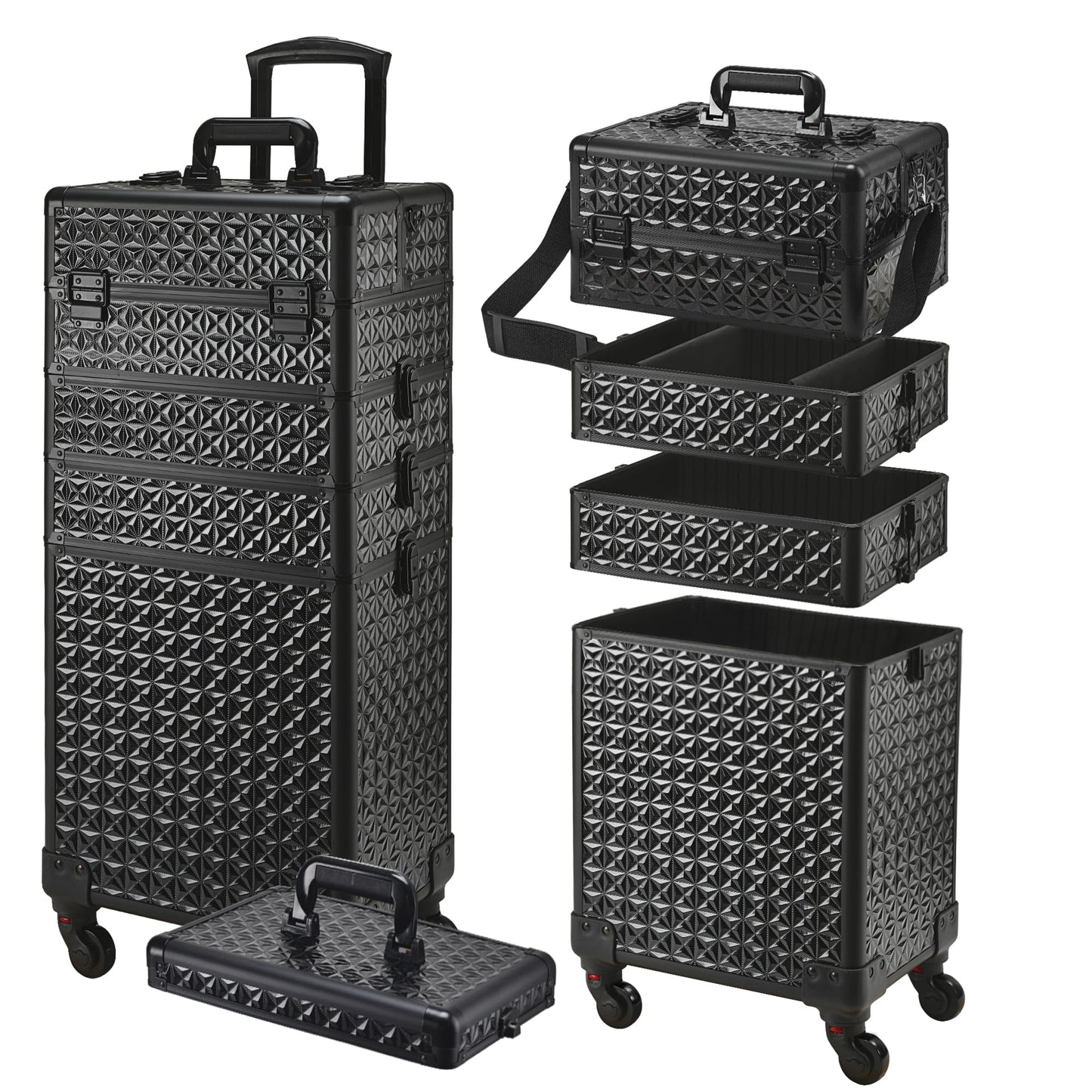 GALHUBIS Rolling Makeup Case, Makeup Train Case with Lid, 5 in 1 Cosmetology Case on Wheels, Christmas Gift, Large Makeup Case Organizers, Profesional Cosmetic Case for Salon Barber,Black