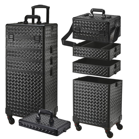 GALHUBIS Rolling Makeup Case, Makeup Train Case with Lid, 5 in 1 Cosmetology Case on Wheels, Christmas Gift, Large Makeup Case Organizers, Profesional Cosmetic Case for Salon Barber,Black