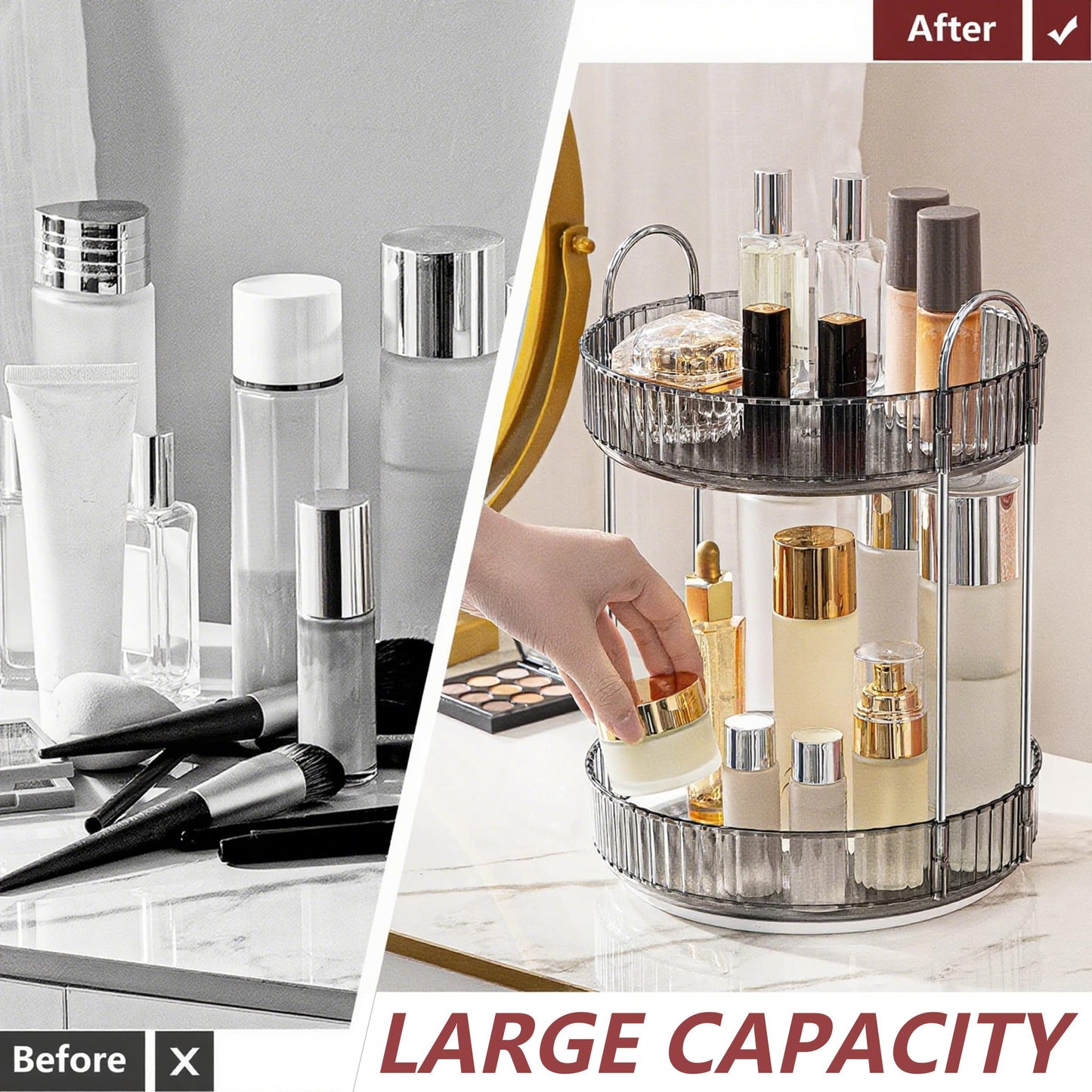 INVSSENE 360° Rotating Makeup Organizer, Bathroom Make Up Spinning Holder Rack, Large Capacity Cosmetics Storage Vanity Shelf Countertop, Fits Cosmetics, Perfume, Skincare, Lipsticks(2 Tiers, Gray)