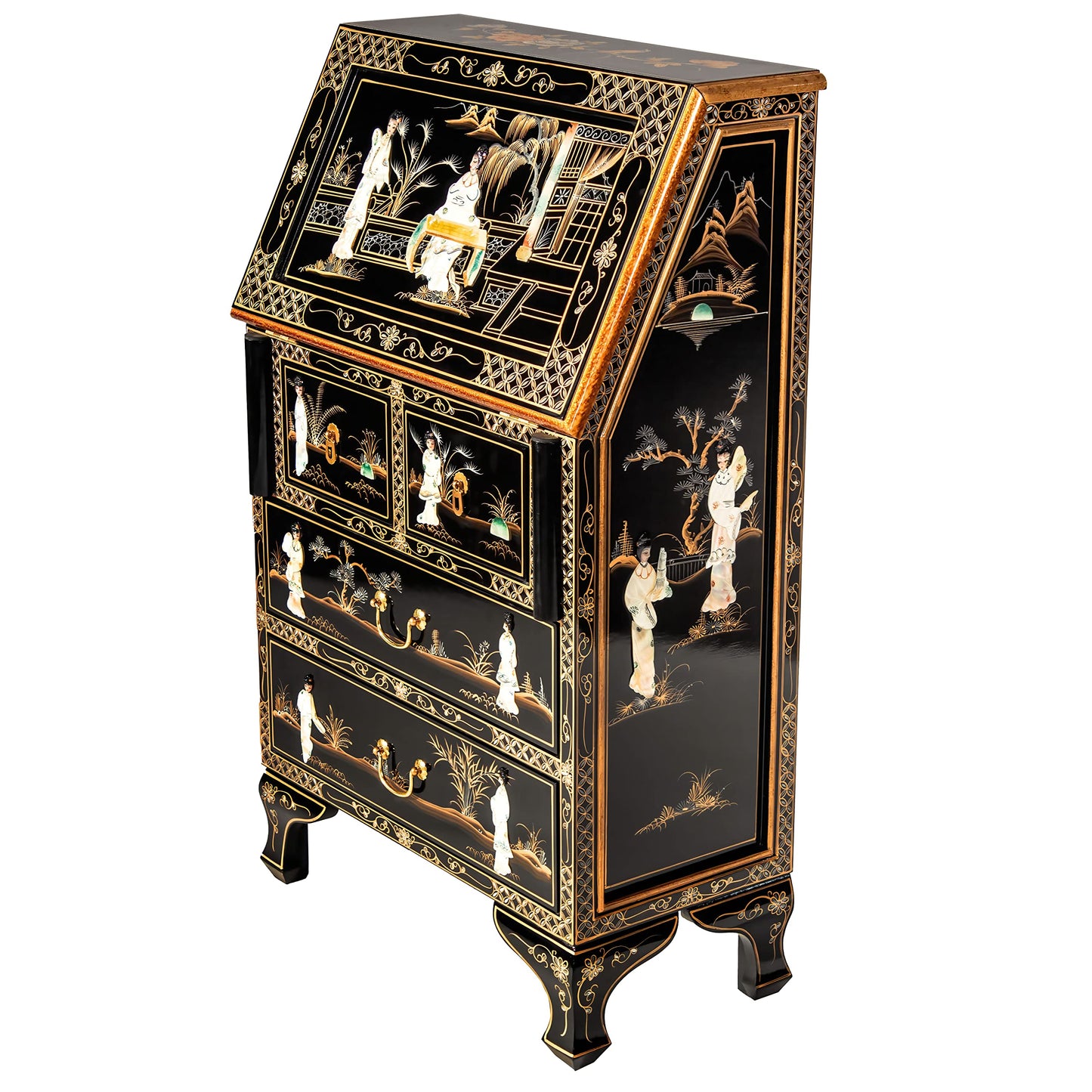 Red Lantern Hand Crafted Artisanal Black Lacquer Secretary Desk - Royal Ladies