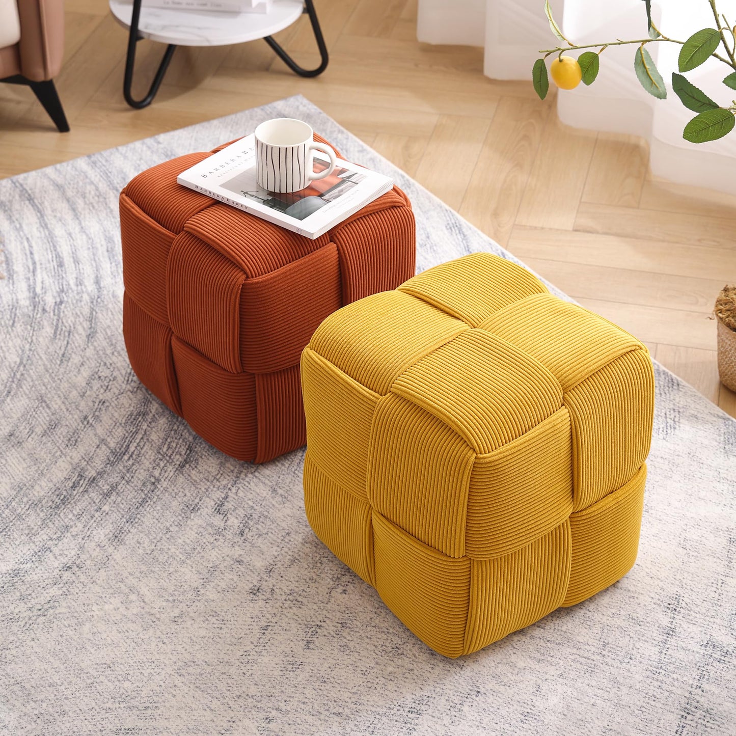 Cmishe 15" Square Woven Corduroy Ottoman Footrest - Modern Vanity Stool for Living Room & Entryway, Eco-Friendly Wood Frame, No Assembly (Yellow)
