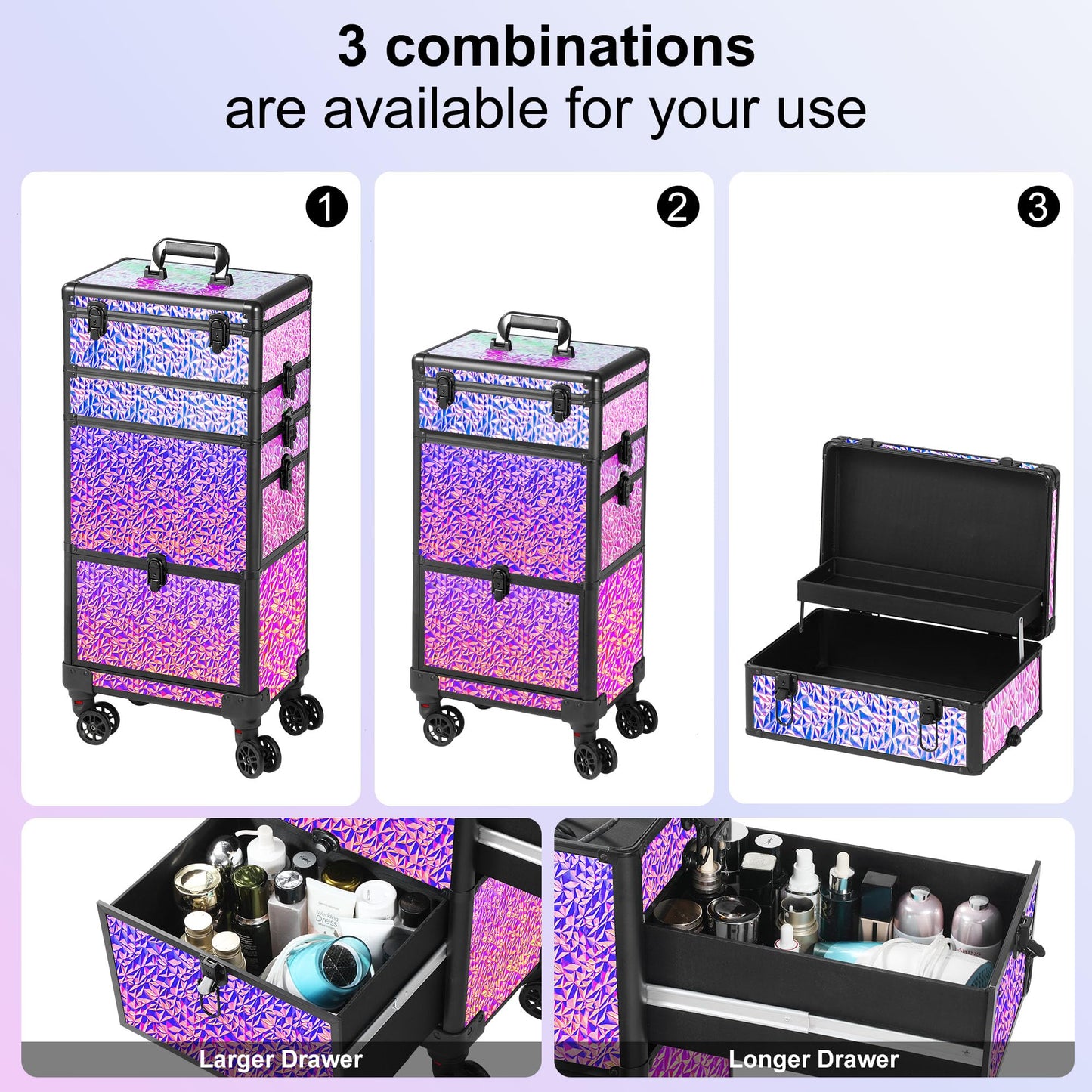 GALHUBIS Rolling Makeup Case with Large Drawer, Makeup Train Case with Tray, Cosmetology Case on Wheels, Travel Makeup Case Organizers, Professional for Salon Barber, Nail, Tattoo, Multicolor Purple