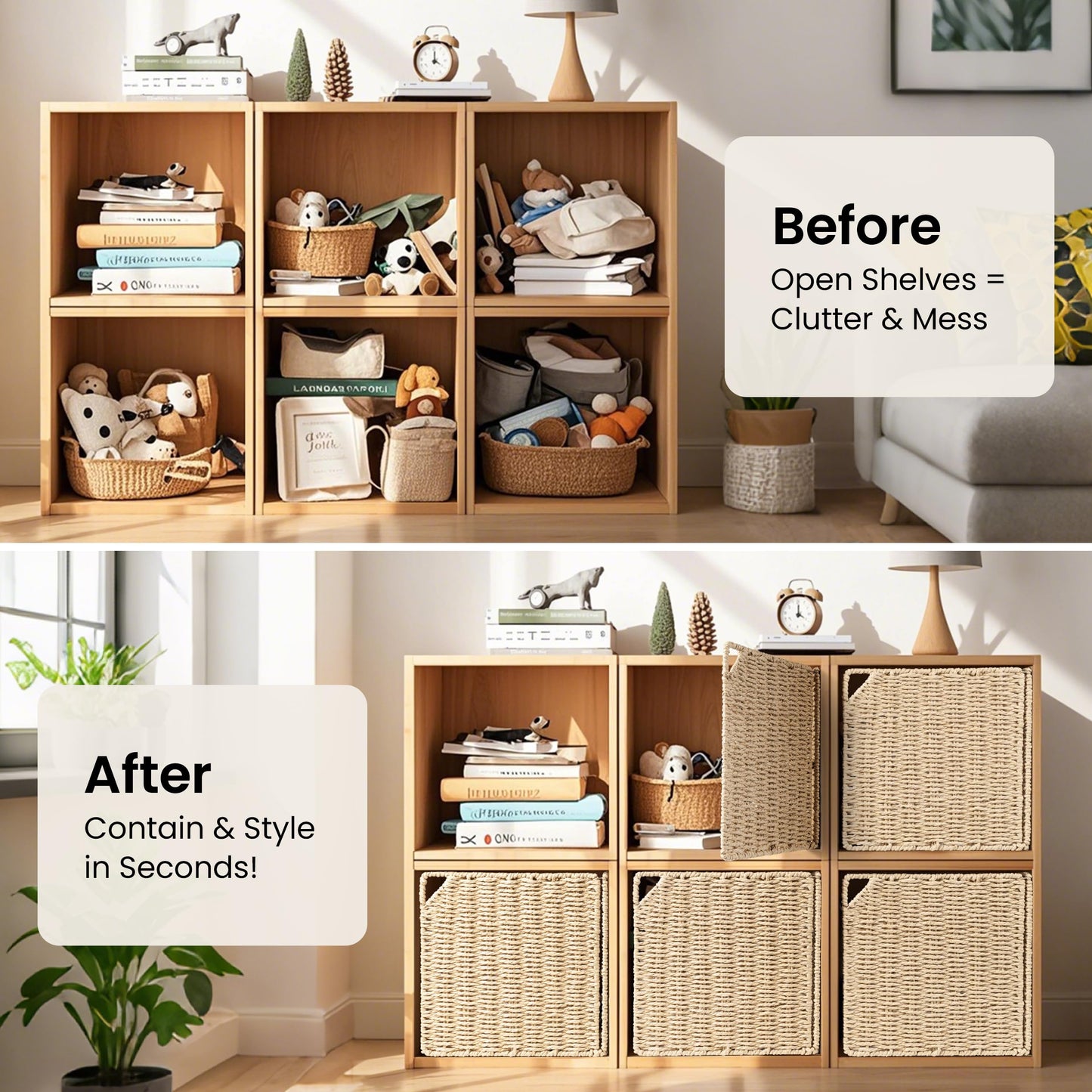 AELS 13" Handwoven Natural Fibre Doors for Cube Storage - Set of 4, Boho Straw Shelf Cover for Bookcase & Open Bookshelf, Rustic Farmhouse Home Decor, Fit IKEA Kallax Shelf - Beige (Door ONLY)
