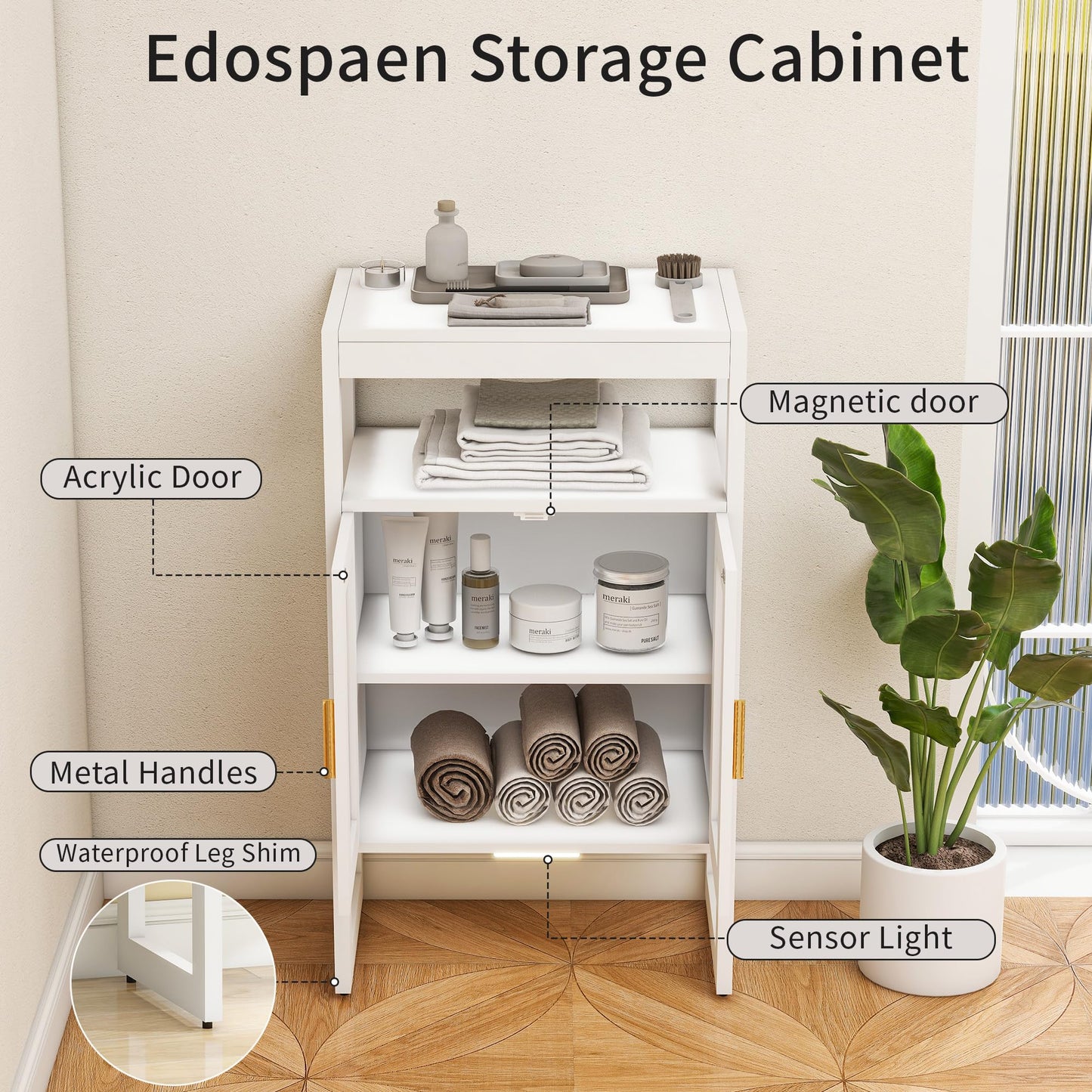 Bathroom Storage Cabinet with Motion Sensor Light and 2 Doors, White