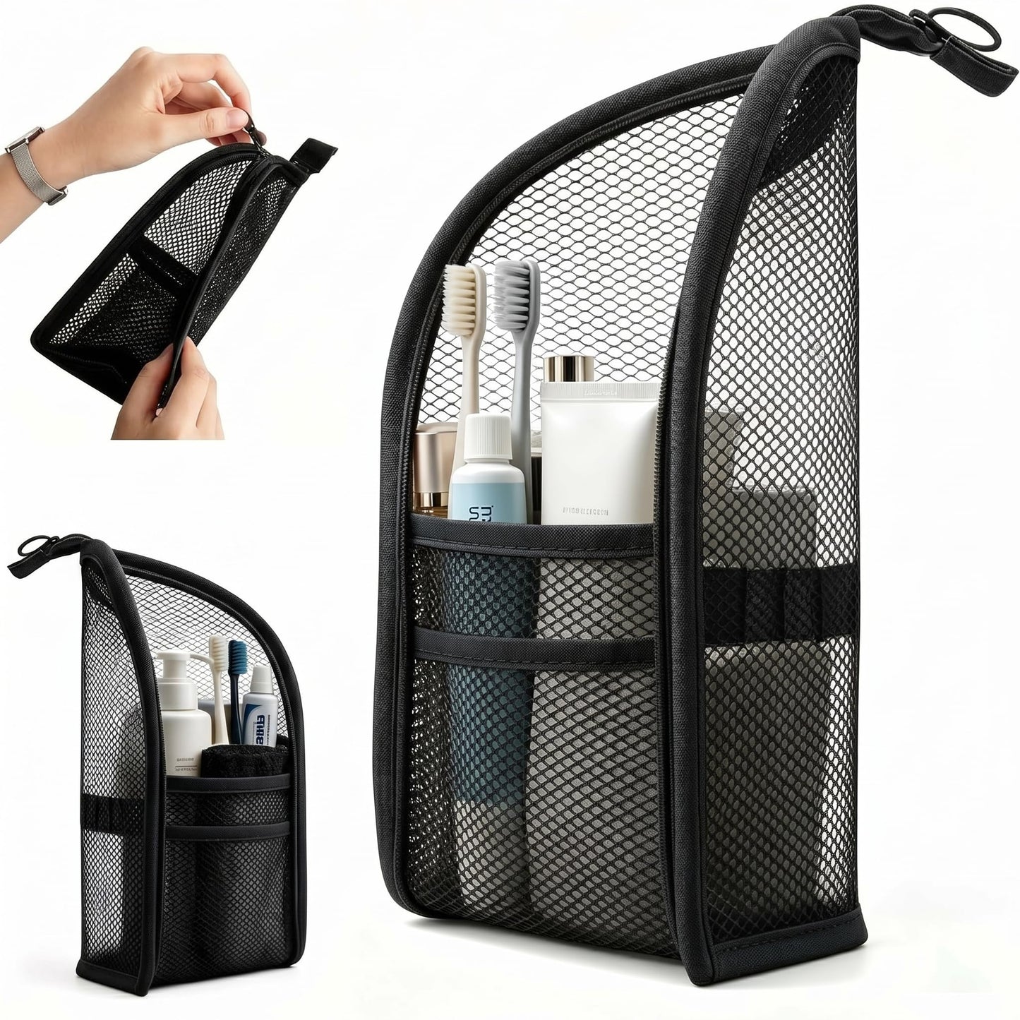 Standing Toiletry Bag,Portable Foldable Hanging Travel Organizer with Zipper and Loop,Mesh Large Capacity Cosmetic Waterproof Bag for Bathroom,Suitcase Packing,Toiletries,Makeup,Skincare (1PC-Black)
