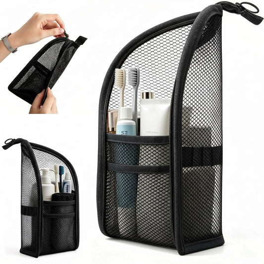Standing Toiletry Bag,Portable Foldable Hanging Travel Organizer with Zipper and Loop,Mesh Large Capacity Cosmetic Waterproof Bag for Bathroom,Suitcase Packing,Toiletries,Makeup,Skincare (1PC-Black)