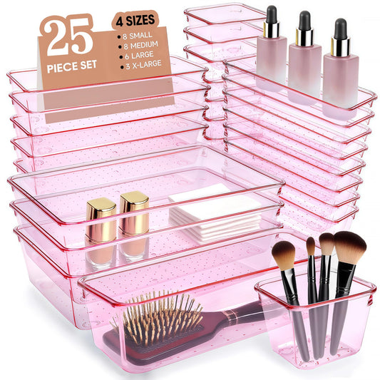Trotianingyu Kitchen Desk Drawer Organizers Storage for Office, Small Acrylic Vanity Trays Makeup Organizer for Drawer Bathroom Plastic Make up Organizers 25 Pcs Pink