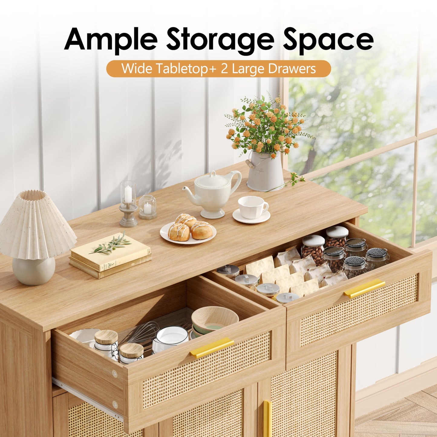 Akxomel Rattan Sideboard Buffet Cabinet with Storage, 35.4" W Buffet Cabinet with 2 Drawers and 3 Doors, Sideboard Storage Cabinet with Adjustable Shelves for Kitchen, Living Room, Natural Oak