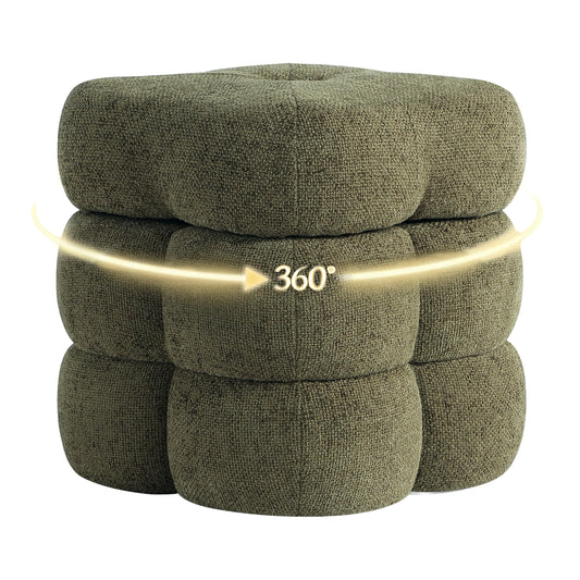 Get Set Style 360° Swivel Flower Ottoman, Linen Vanity Stool Footrest with 300LBS Capacity, No Assembly Small Space Accent Chair for Living Room Bedroom Entryway(Olive Green)