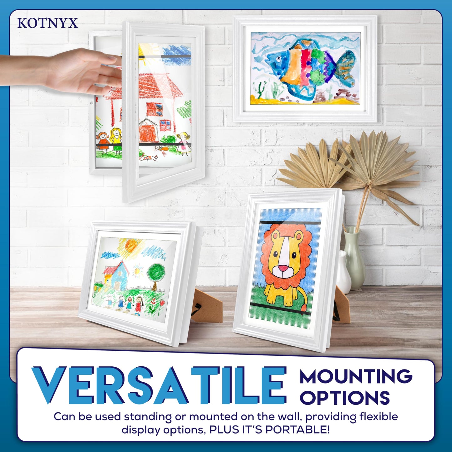 KOTNYX 2 Pack LED Light Kids Artwork Frame - Front Opening Kids Art Display Picture Frame, Holds 100 Pictures, MDF & Shatter-Resistant Glass, Standing Frame/Wall Hanging,13.3x10, Mat 11.6x8.3 (white)