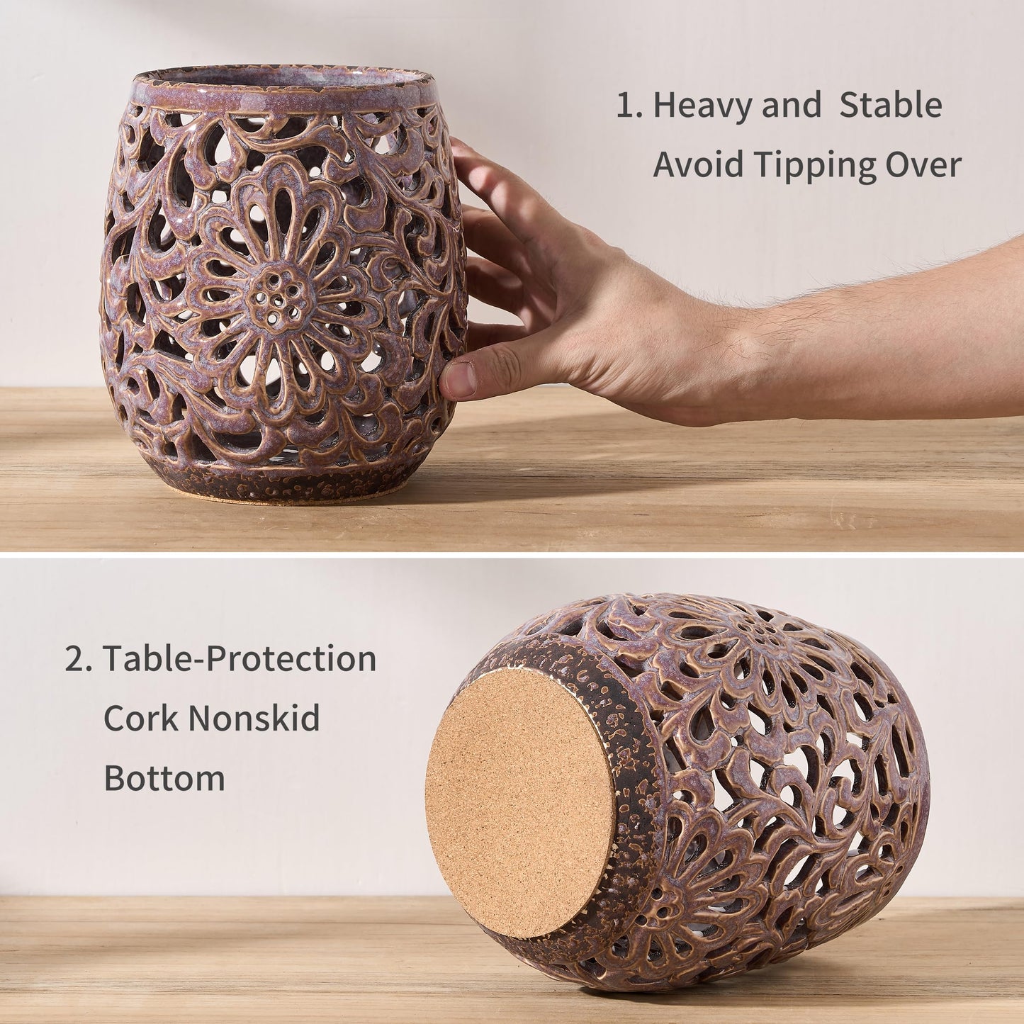 JH JIEMEI HOME Farmhouse Kitchen Utensil Holder for Kitchen Counter, Ceramic Large Cooking Utensil Crock with Cork Mat, Countertop Cooking Tool Spatula Organizer, Purple Antique Design