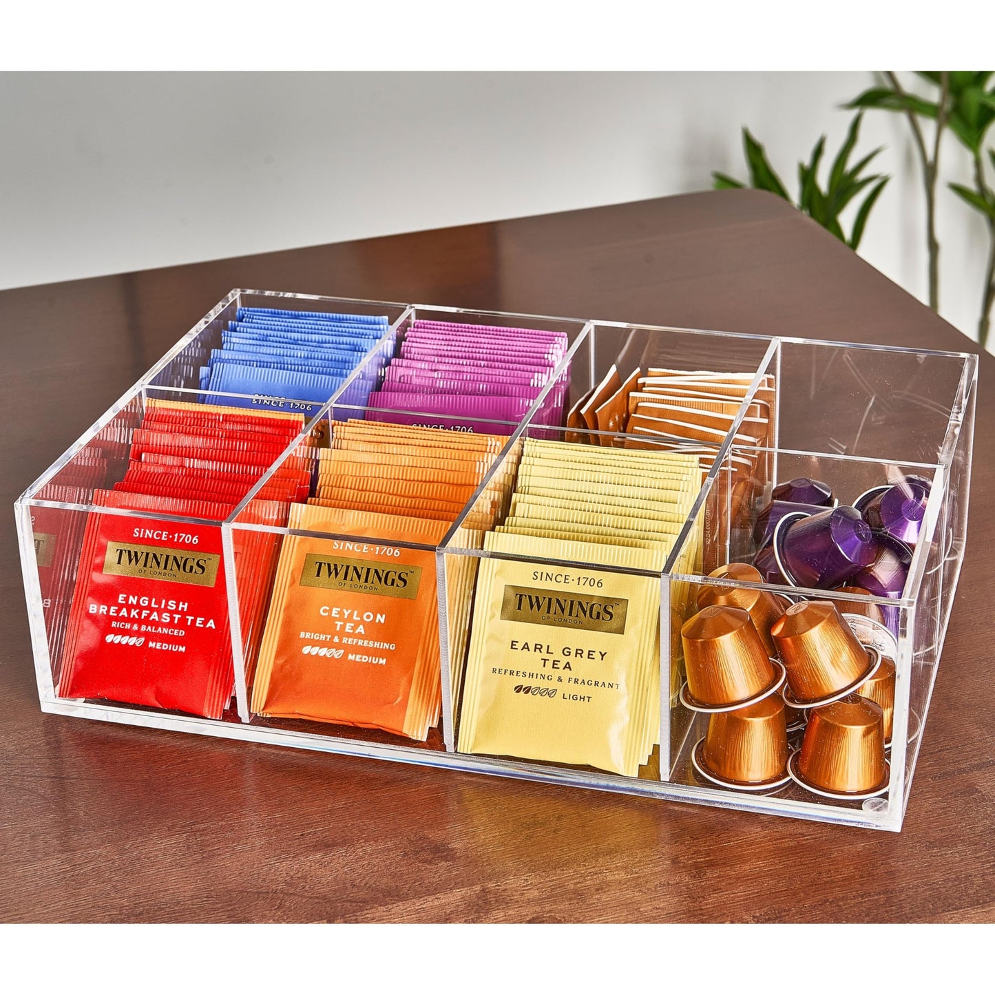 Meicloud Acrylic Tea Bag Organizer - Clear Tea Storage Box, K Cup Coffee Pods Holder with 8 Compartments, Tea Station Organizer for Countertop, Modern Tea Display Stand