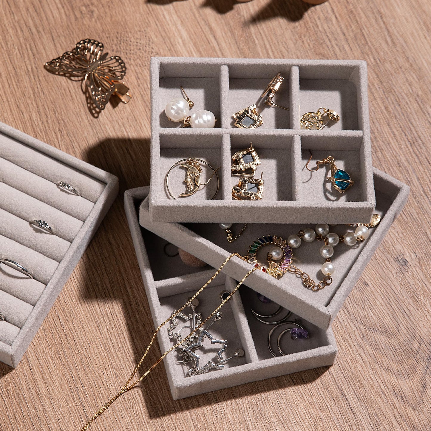 Frebeauty Small Jewelry Tray Set,Stackable Velvet Jewelry Organizer Tray,Mini Jewelry Drawer Organizer,Drawer Inserts,4.92 x 3.74 x 0.9 Inches,Earring Organizer for Women(Set 9,Beige)