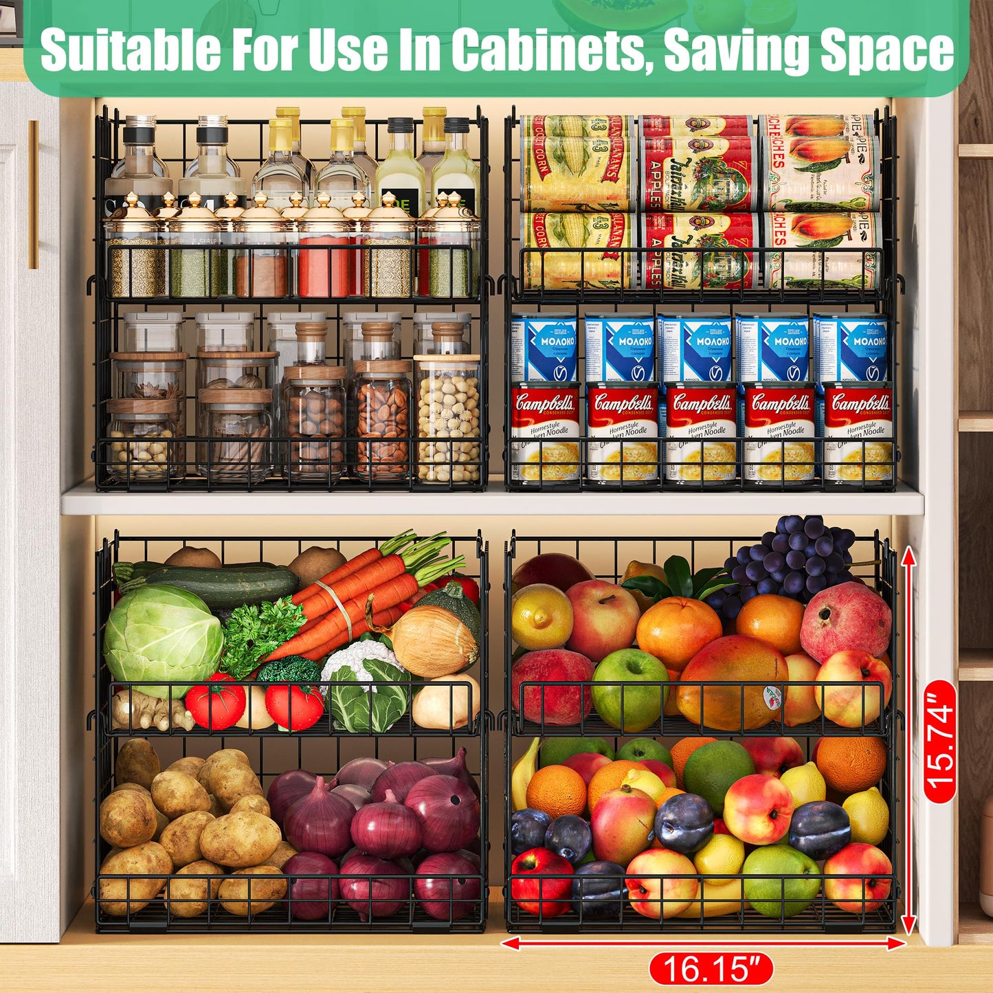 JKsmart 8-Tier Stackable Wire Basket, Can Organizer for Pantry Kitchen, XXL Metal Storage Shelves with Dividers & Handles, Easy Assembly Space Saving Storage Bins for Snacks Fruits Veggies