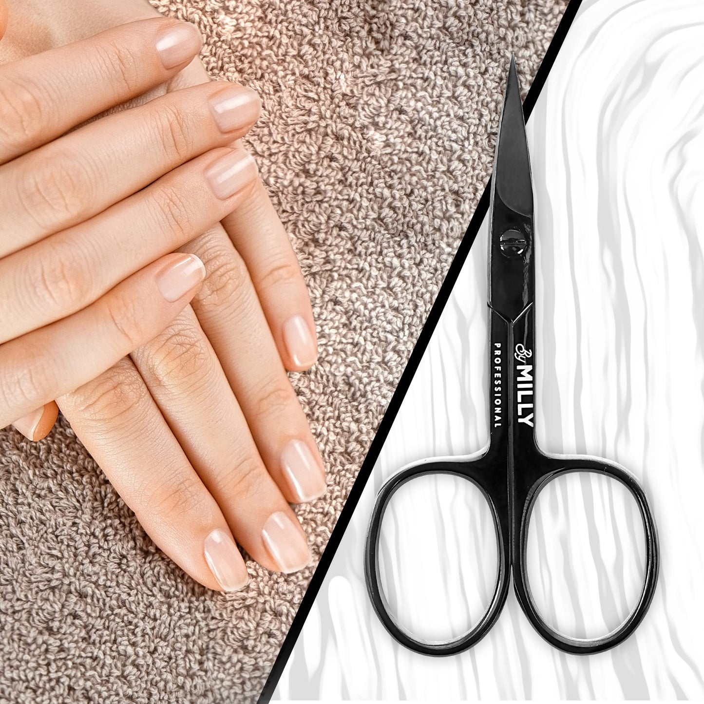 By MILLY Professional Nail Scissors | High Carbon Stainless Steel | Manicure | Razor Sharp Curved Blade for Women - 100% Stainless Steel Beauty Scissors for Nails (Black)