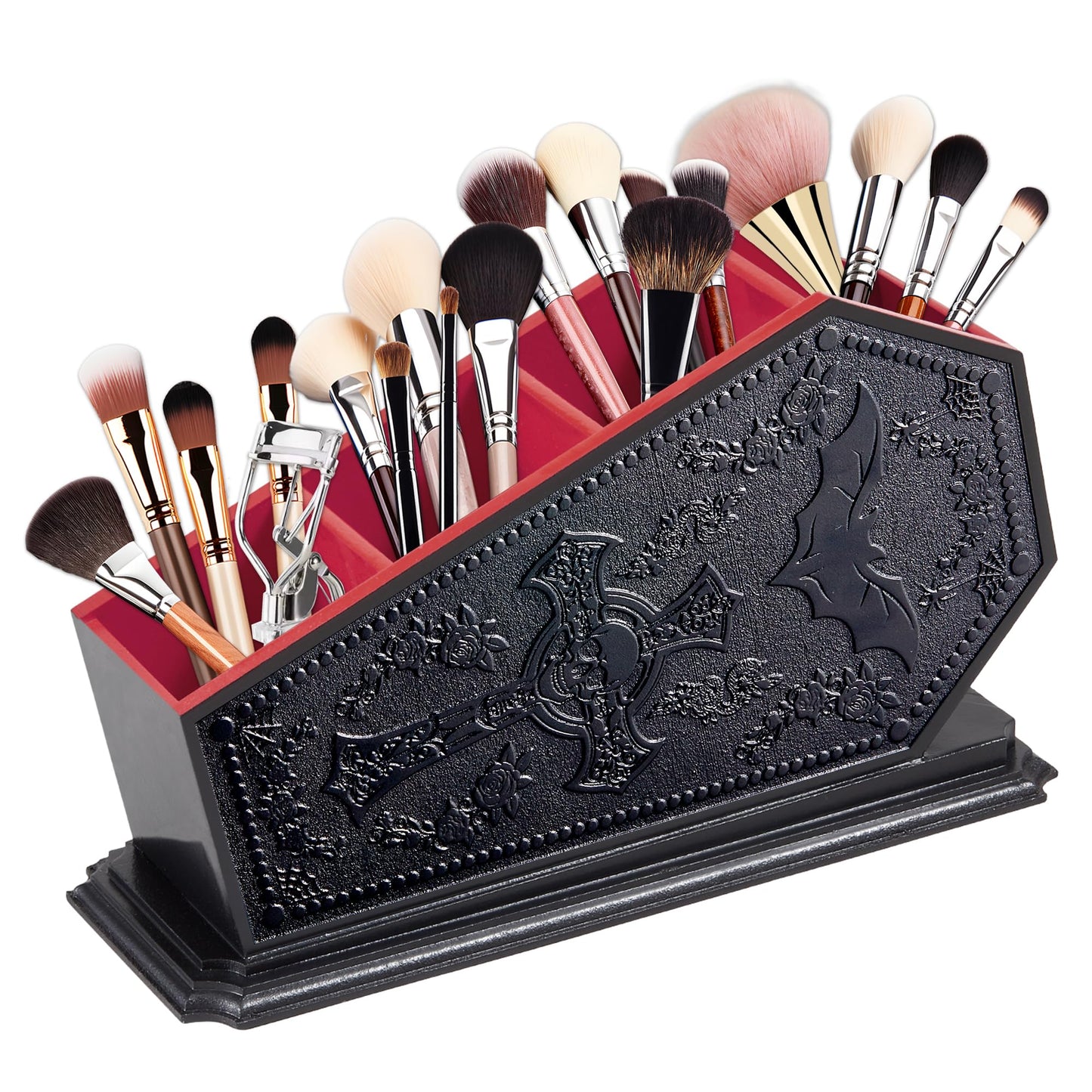 Gothic Coffin Decor Makeup Brush Holder,Spooky Witchy Gifts for Women,Bat Cosmetic Display Cases,Goth Decor Pen Holder, Vanity, Desk, Office Organizer for Bedroom Bathroom (Red)