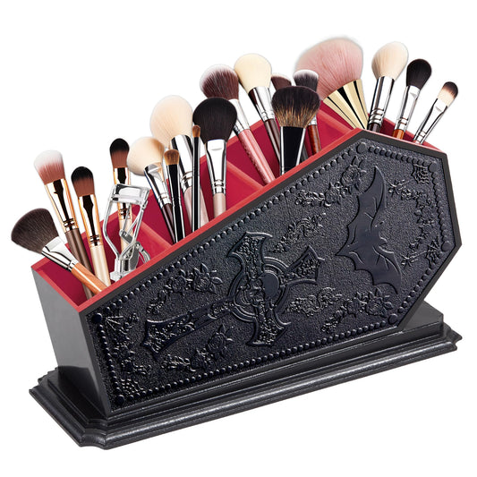 Gothic Coffin Decor Makeup Brush Holder,Spooky Witchy Gifts for Women,Bat Cosmetic Display Cases,Goth Decor Pen Holder, Vanity, Desk, Office Organizer for Bedroom Bathroom (Red)