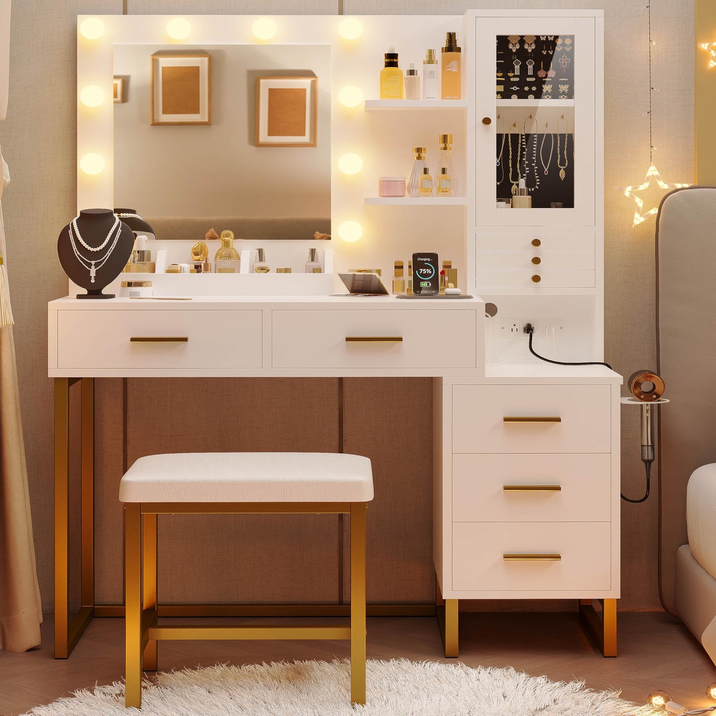 IRONCK Vanity Desk with Mirror and Lights, Jewelry Storage, White & Gold