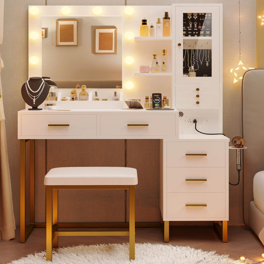 IRONCK Vanity Desk with Mirror and Lights, Jewelry Storage, White & Gold