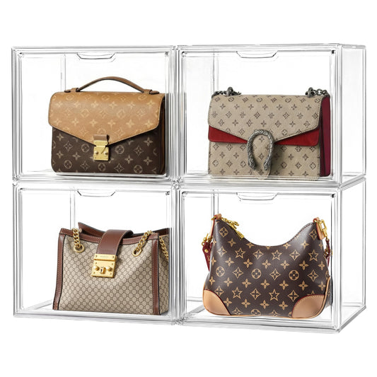 HBlife 4 Pack Purse Storage Organizer for Closet, Large Clear Stackable Handbag Display Case Box with Magnetic Door for Collectibles, Cosmetics, Women Heels and Toys
