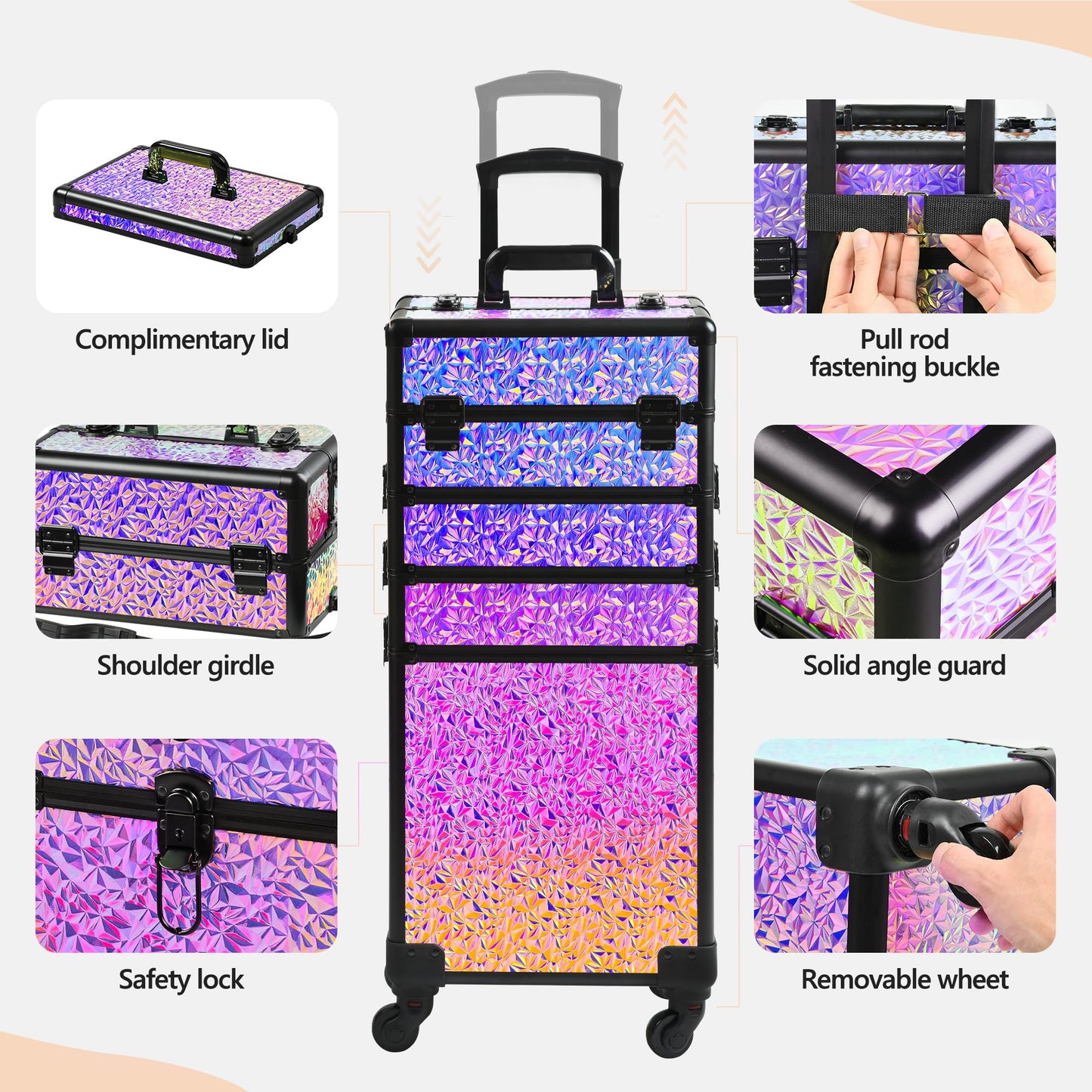 GALHUBIS Rolling Makeup Case, Makeup Train Case with Lid, 5 in 1 Cosmetology Case on Wheels, Christmas Gift, Large Makeup Case Organizers, Profesional Cosmetic Case for Salon Barber,Black Colorful