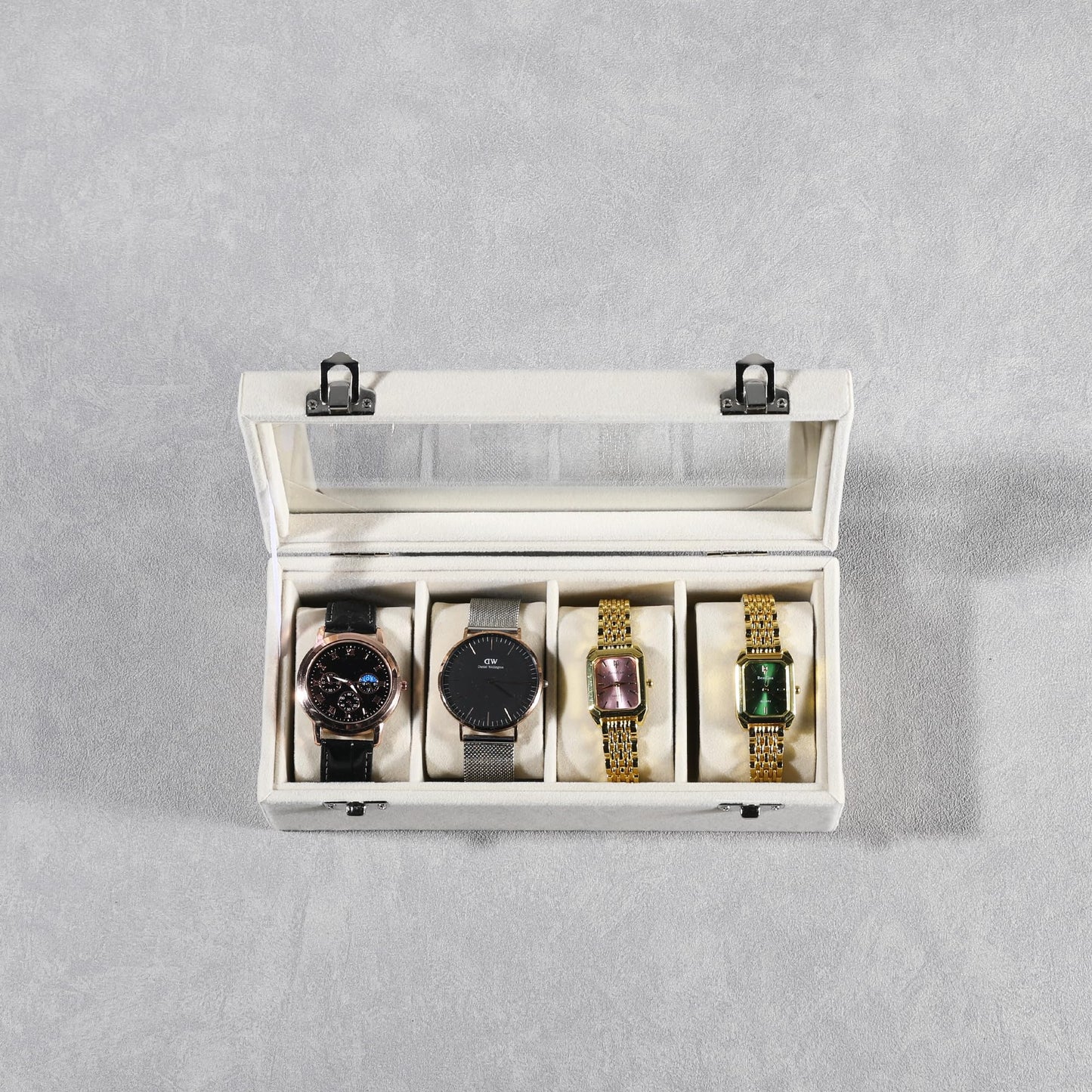 Frebeauty 4-Slot Watch Box,Velvet Watch Case with Glass Lid,Watch Organizer Box for Men and Women,Lockable Watch Storage,Watch Display Case,Ideal Gift(Beige)