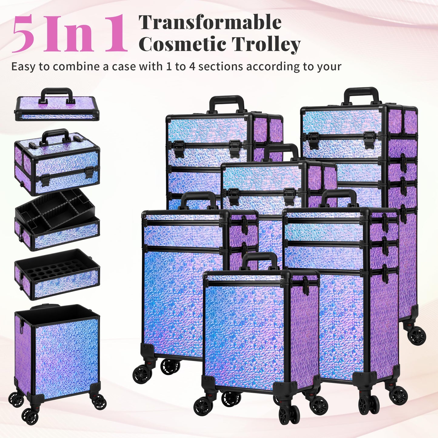 JINGUAN Profesional Rolling Makeup Train Case with Lid, 5 in 1 Cosmetology Case on Wheels, Large Cosmetic Trolley Organizer Travel for Hairstylist Artist Nail Beauty Salon Barber, Gravel Purple