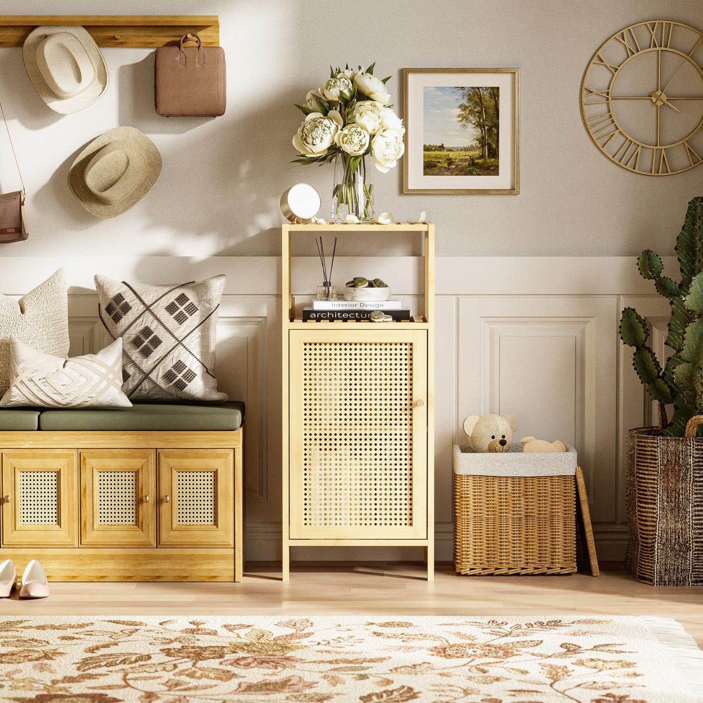 HITNET Bathroom Storage Cabinet Rattan, Small Bamboo Floor Cabinet with Single Door and Open Shelf, Freestanding Narrow Cupboard for Living Room, Kitchen, Entryway, Natural