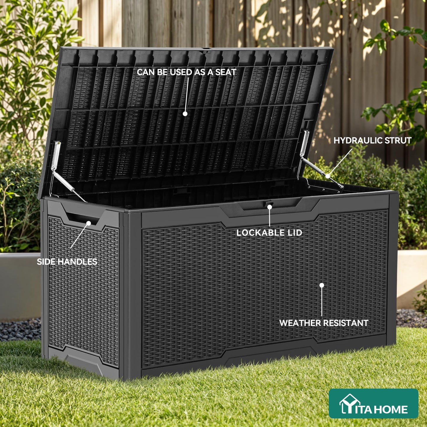 YITAHOME 100 Gallon Outdoor Storage Box, Large Water Resistant Resin Deck Box, Indoor Outdoor Lockable Storage Container for Patio, Garden, Cushions, Tools, Equipment (Black)