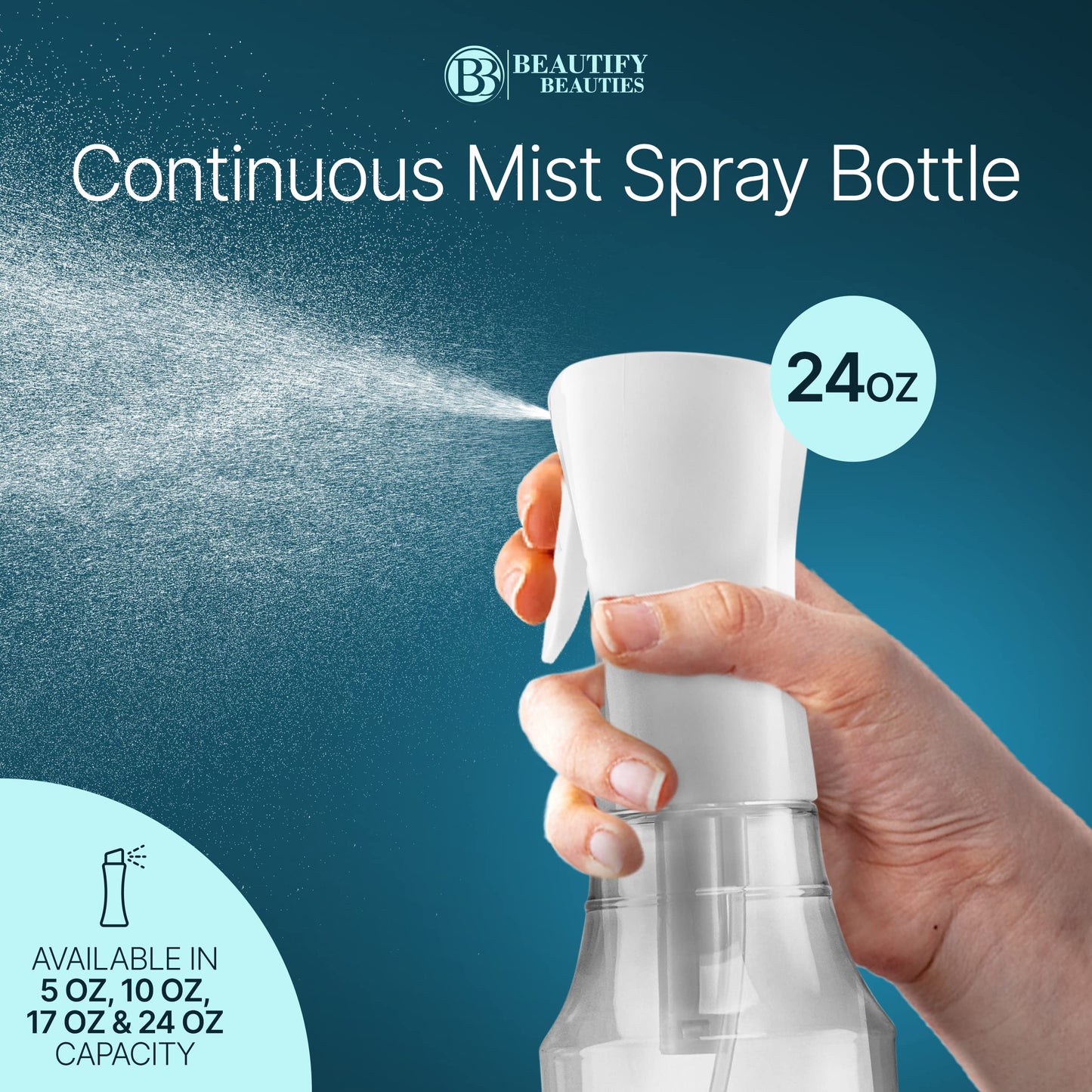BeautifyBeauties Spray Bottle For Hair – Continuous Mister Spray Bottle for Hairstyling, Cleaning, Plants, Pets, Barbers, Salons, Essential Oil Scents (24 Ounce)
