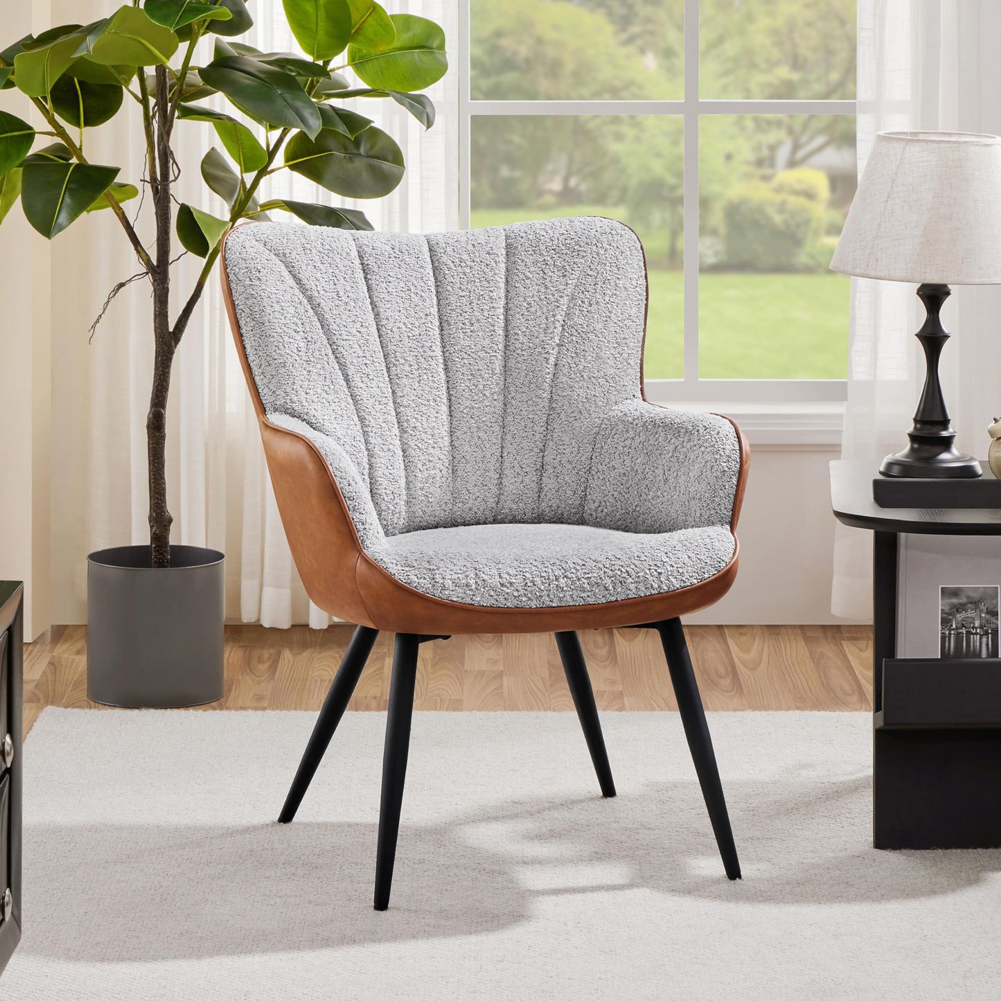 Yaheetech Accent Chair, Modern Fuzzy Boucle Fabric and Faux Leather Armchair, Upholstered Vanity Chair with High Curved Back and Metal Legs for Living Room Makeup Bedroom, Gray/Retro Brown