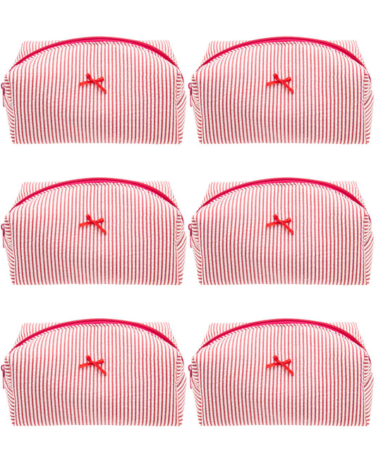 PAZIMIIK 6PCS Cozy Makeup Bag Small Aesthetic Travel Zipper Cosmetic Pouch for Women Make Up Beauty Accessories Brushes, Stripe Red