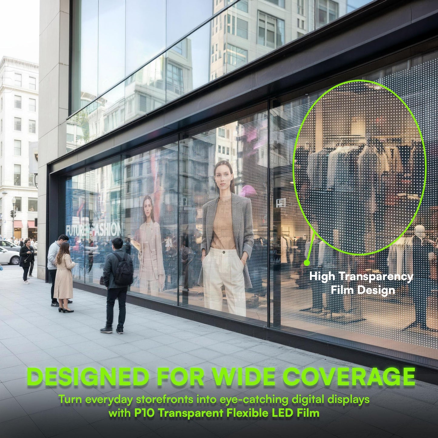 P10 Transparent Flexible LED Film Display for Storefront Windows and Retail Advertising | Directly Applies to Existing Glass Surfaces | Sunlight Visible Screen | Self-Adhesive (3 of P10 plus TB20)