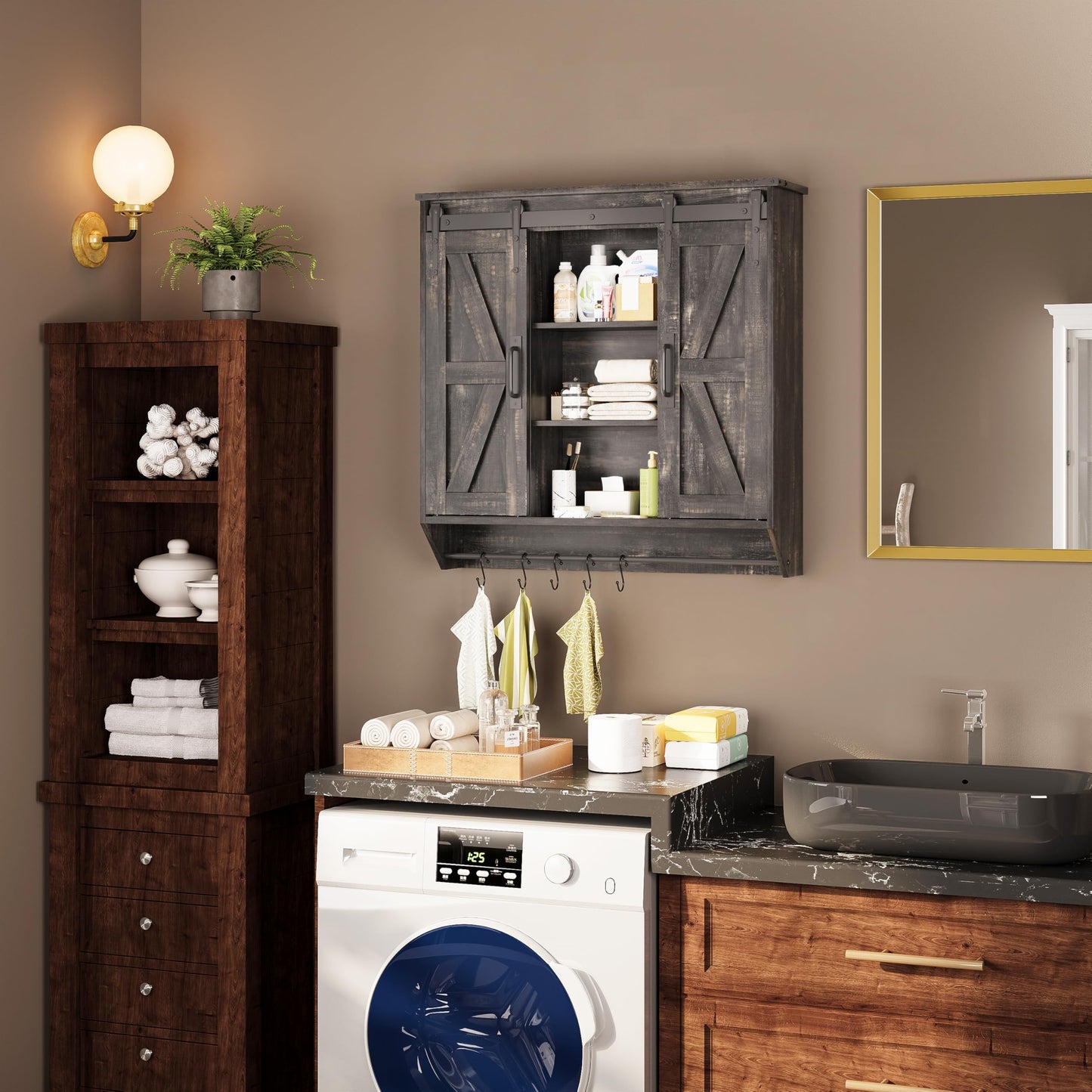 Trironsun Farmhouse Medicine Cabinet 2 Sliding Barn Doors 3 Tier Rustic Wood Wall Storage Cabinet Adjustable Shelf Towel Bar Wall Mounted Bathroom Wall Cabinet