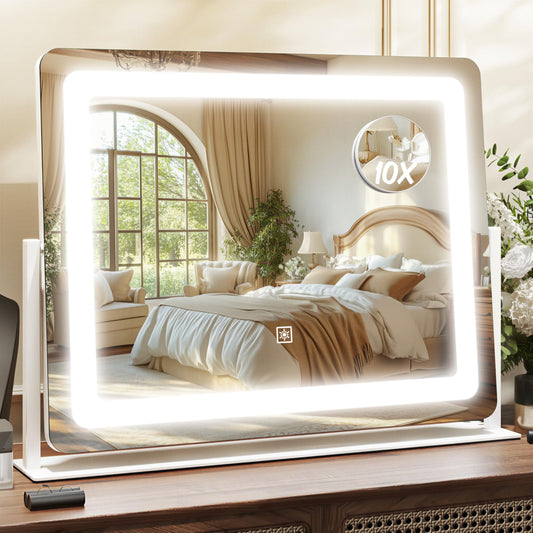 VEIOBFSA 17" x 22" Makeup Mirror with Lights, Vanity Mirror with Lights and 10X Magnification, 3 Dimmable Color Modes and Memory, Desk Mirror with Light for Makeup，White Lighted Vanity Mirror