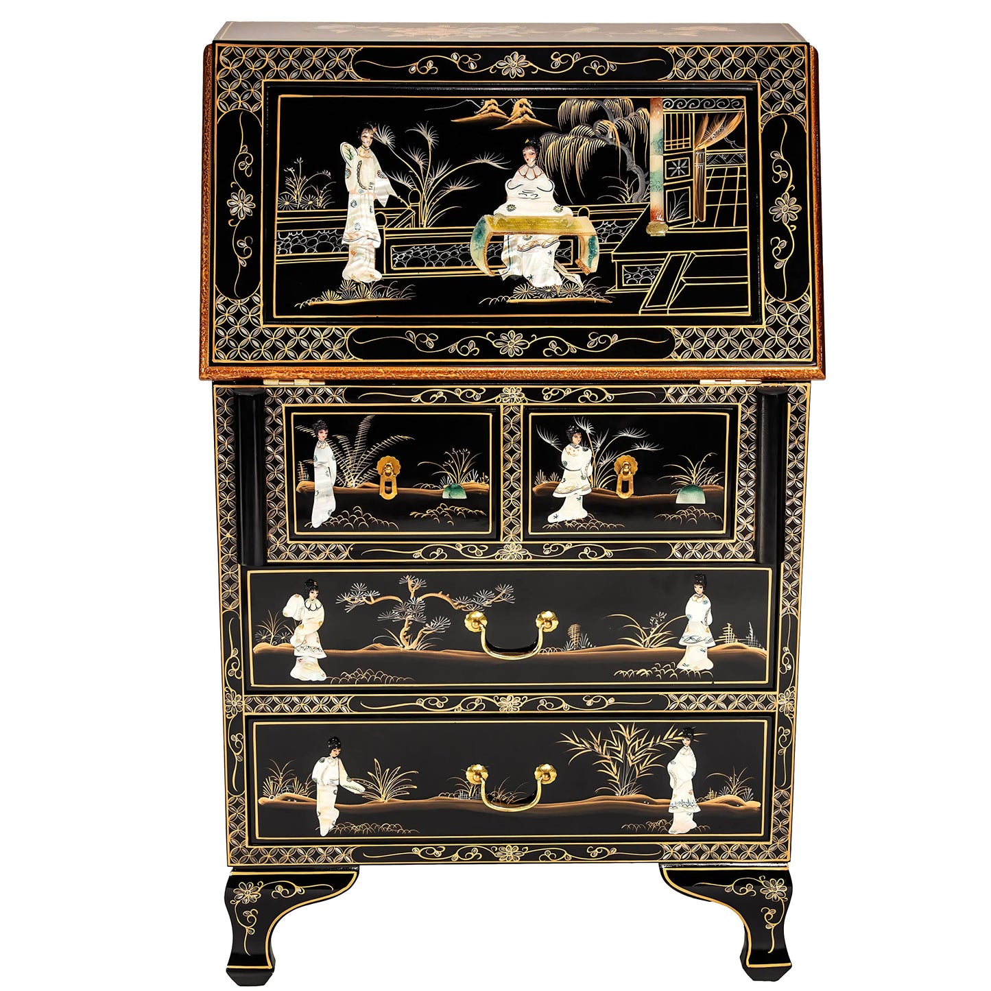 Red Lantern Hand Crafted Artisanal Black Lacquer Secretary Desk - Royal Ladies