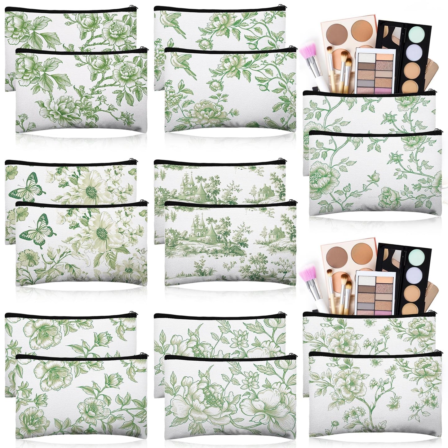 Stuffygreenus 16 Pcs Floral Cosmetic Bags Bulk for Women Sage Green and White Floral Makeup Bags Chinoiserie Canvas Travel Zipper Pouches Aesthetic Toiletry Bag for Girls Bridesmaids Wedding Supplies