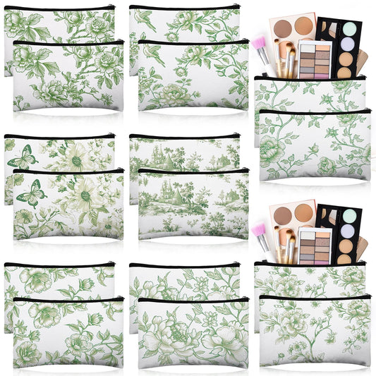 Stuffygreenus 16 Pcs Floral Cosmetic Bags Bulk for Women Sage Green and White Floral Makeup Bags Chinoiserie Canvas Travel Zipper Pouches Aesthetic Toiletry Bag for Girls Bridesmaids Wedding Supplies