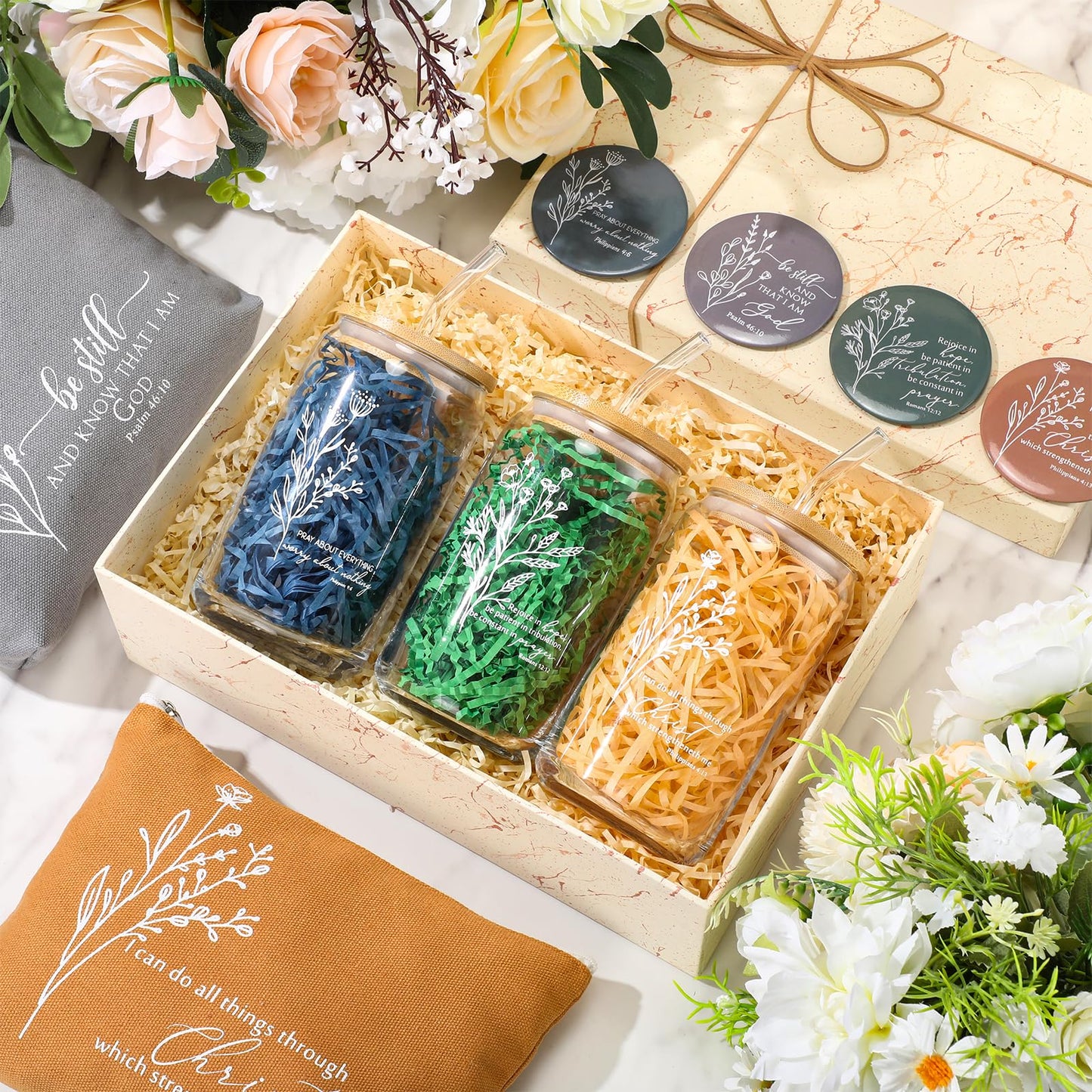 Fumete 4 Set Christian Gift for Women Bulk Religious Makeup Bag Bible Verse Glass Cup Mini Christian Compact Mirror Gifts for Church Members Women Basket Stuffers (Neutral Colors)