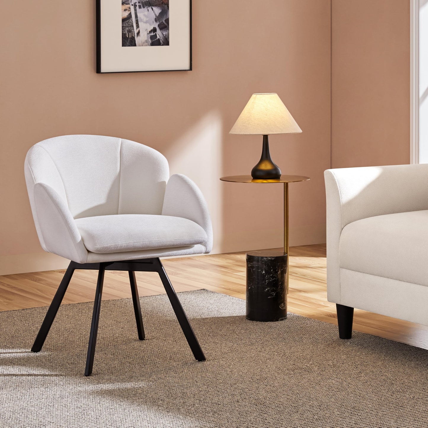 Yaheetech Swivel Accent Chair, Flower Chenille Armchair, Vanity Chair Side Chair with 360-Degree Swivel Base and Seat Cushion for Living Room/Bedroom/Home Office/Makeup, White