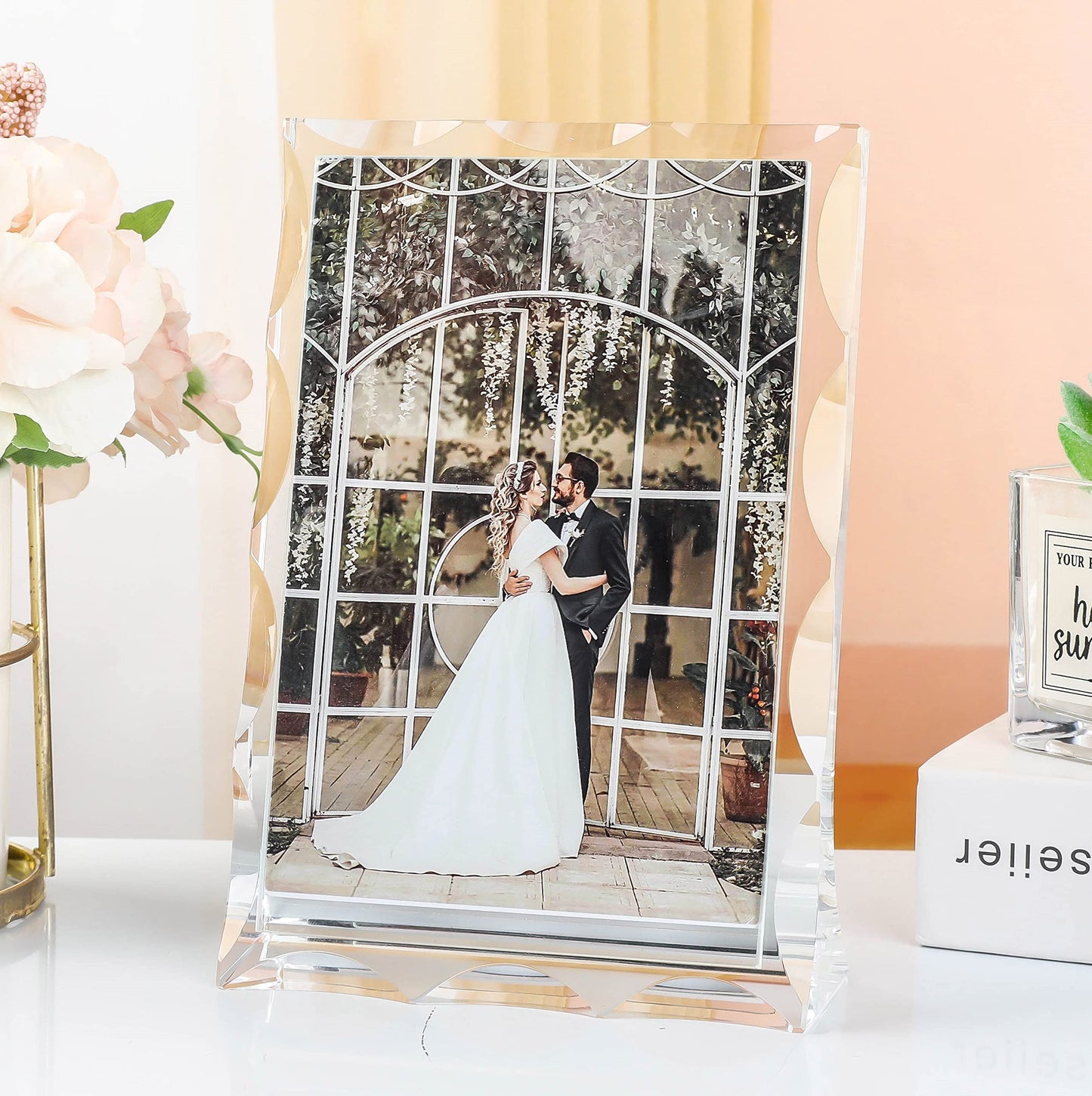 Modaier Unique Arc Crystal Picture Frame,Display Picture 4x6,Luxury Elegant Clear Crystal Glass Photo Frame With Glitter Edges For Prized Pictures Of Family,Grandma,Grandpa,Dad,Mom,Wedding,Graduation