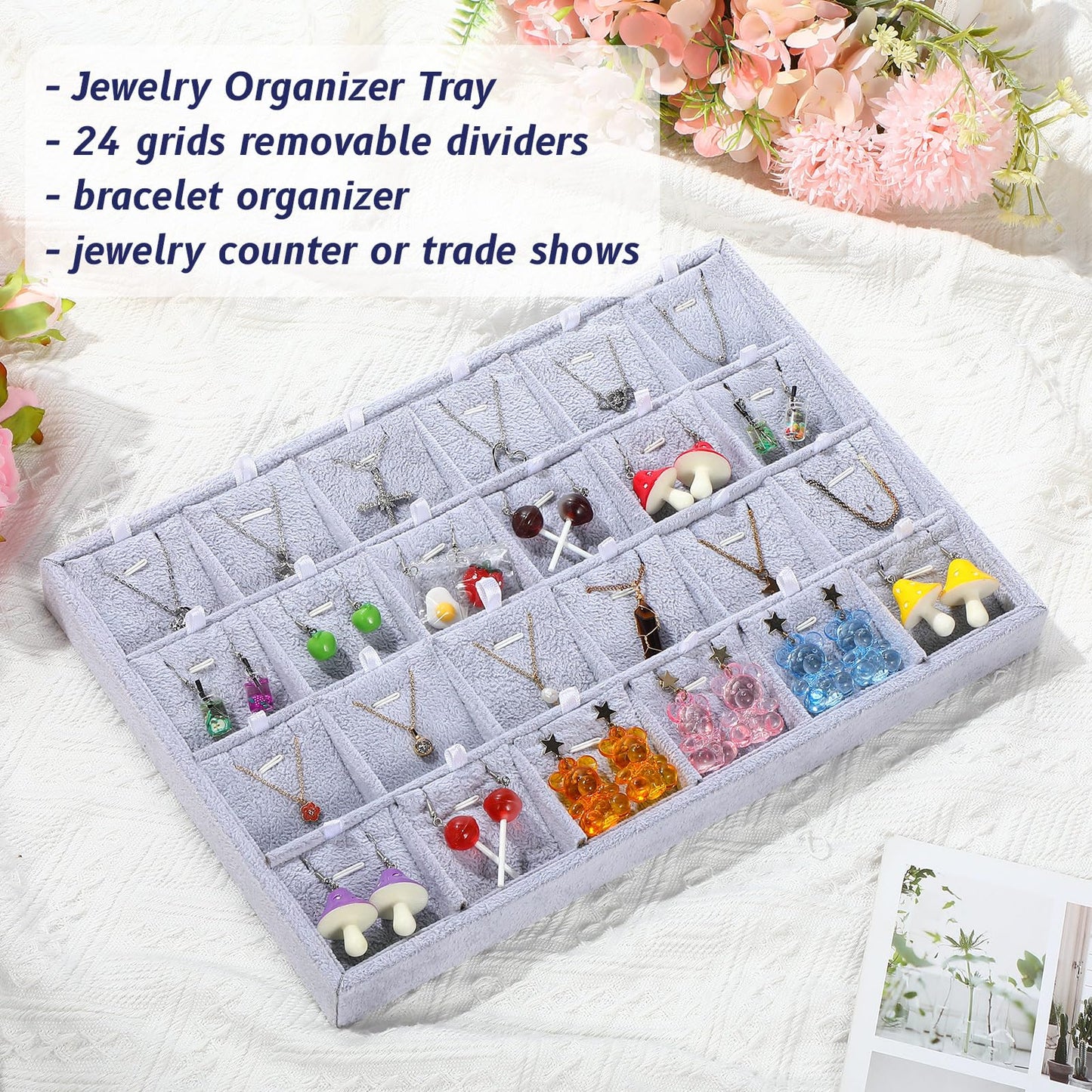 Hinly 2 Pcs 24 Grid Stackable Jewelry Organizer Tray with Removable Dividers Ice Velvet Jewelry Display Showcase Tray for Necklace Earring Ring Bracelet Holder (Gray Velvet)