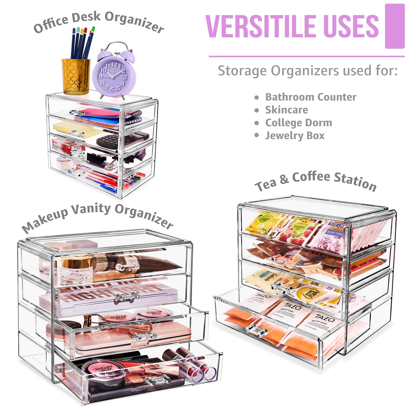 Sorbus Acrylic Makeup Organizer Set, 4-Drawer Vanity & Countertop Cosmetic Storage with Wide Drawers, Clear Makeup Storage for Brushes, Lipsticks, Jewelry – Holiday Gift for Women & Teens