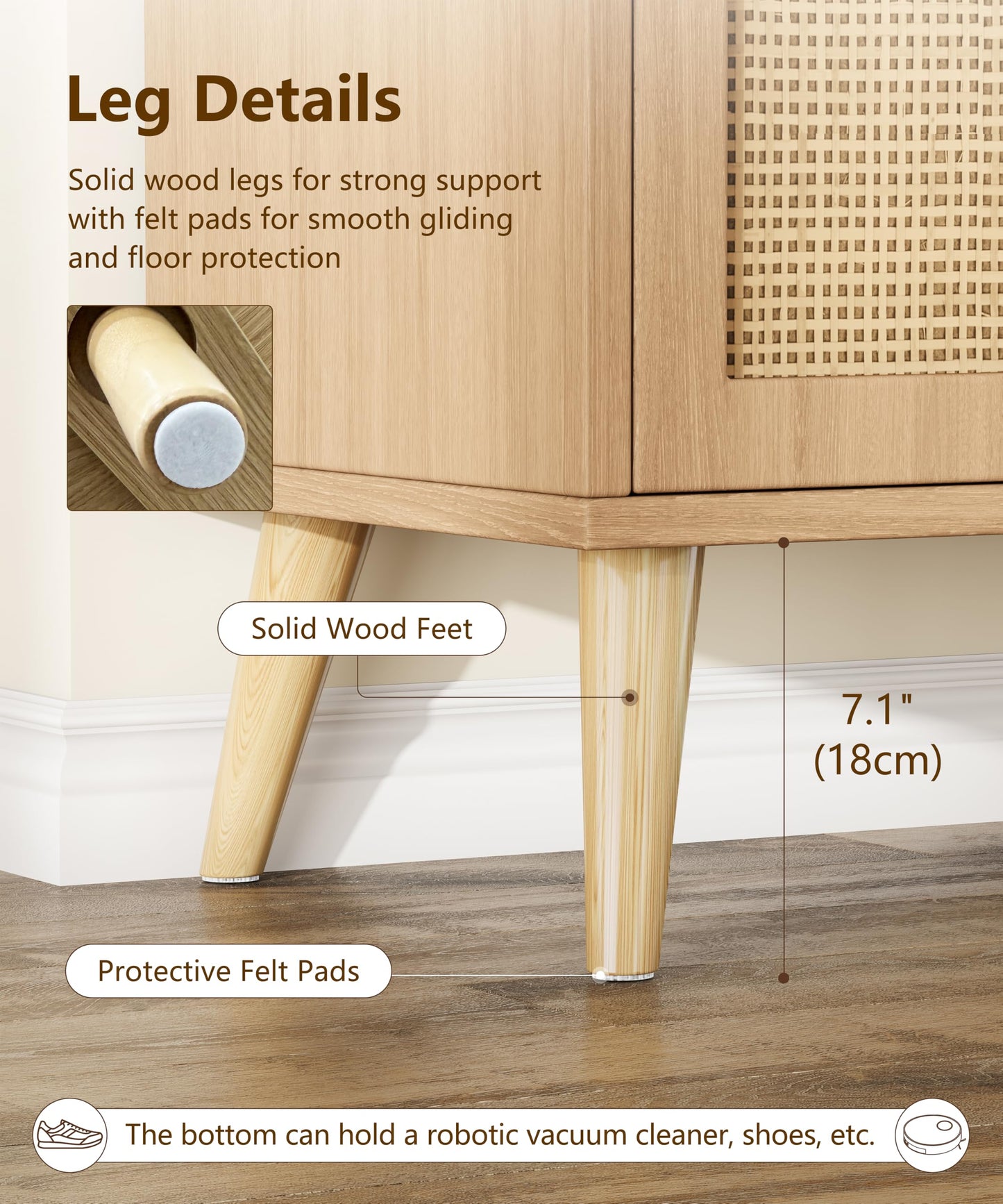 Keehusux Rattan Sideboard Buffet Cabinet with Drawer and 2 Doors, Accent Storage Cabinet with Adjustable Shelf, Solid Wood Feet, Coffee Bar for Kitchen, Living Room, Entryway, Natural Oak