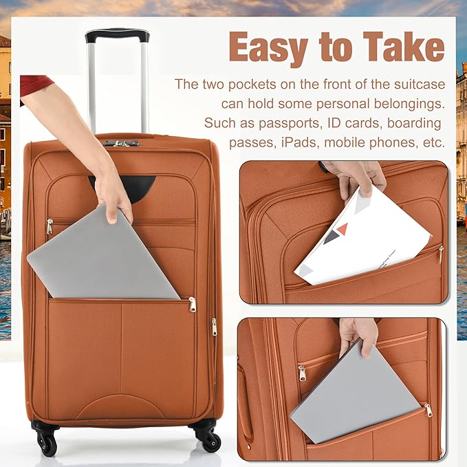 Merax Softside Luggage Set 3 Piece Suitcase with Duffel Bag Spinner Wheels Lightweight Expandable Travel Luggage 22" 26" 30",Orange