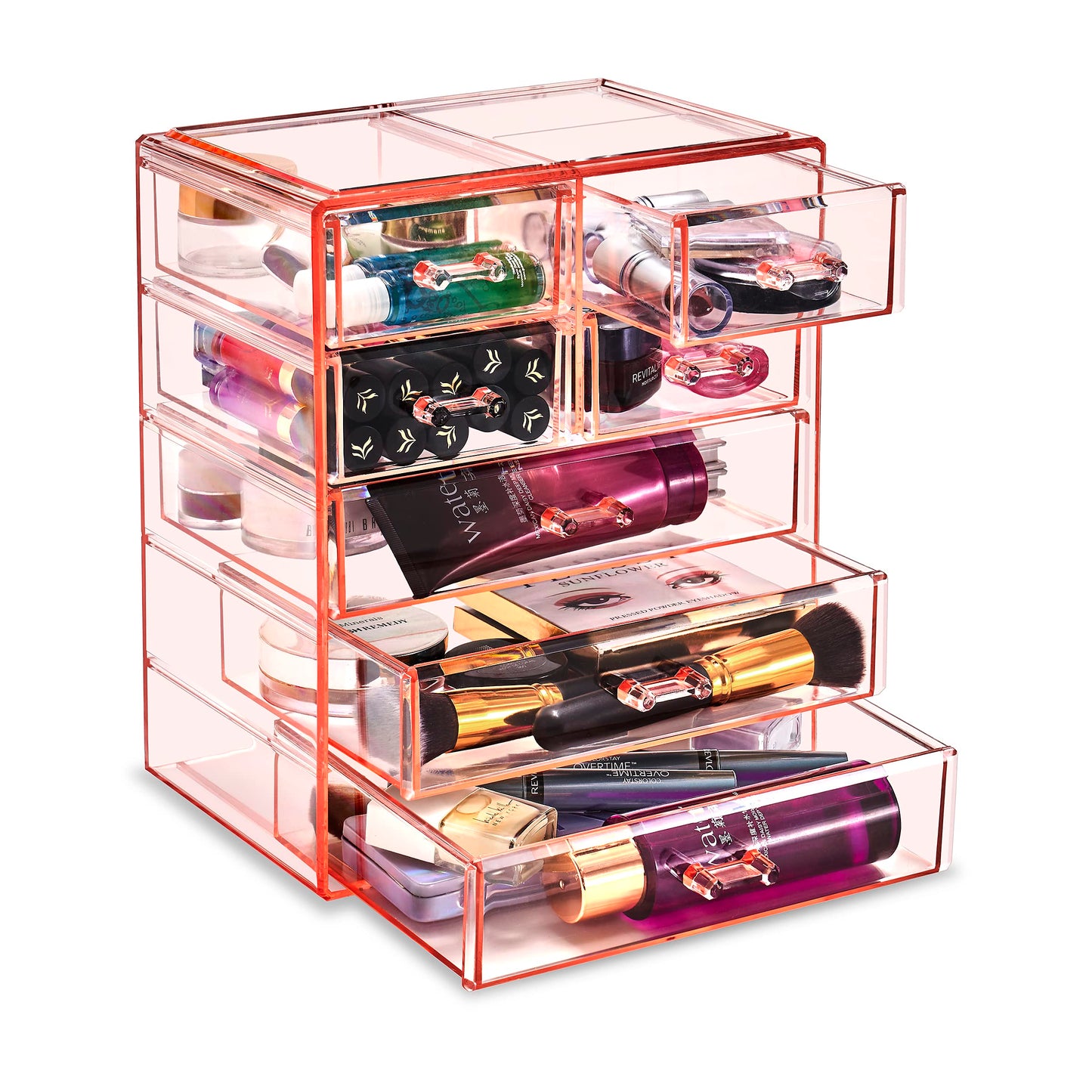 Sorbus Acrylic Makeup Organizer Set, 7-Drawer Vanity & Countertop Cosmetic Storage with Small & Wide Drawers, Pink Makeup Storage for Brushes, Lipsticks, Jewelry – Holiday Gift for Women & Teens