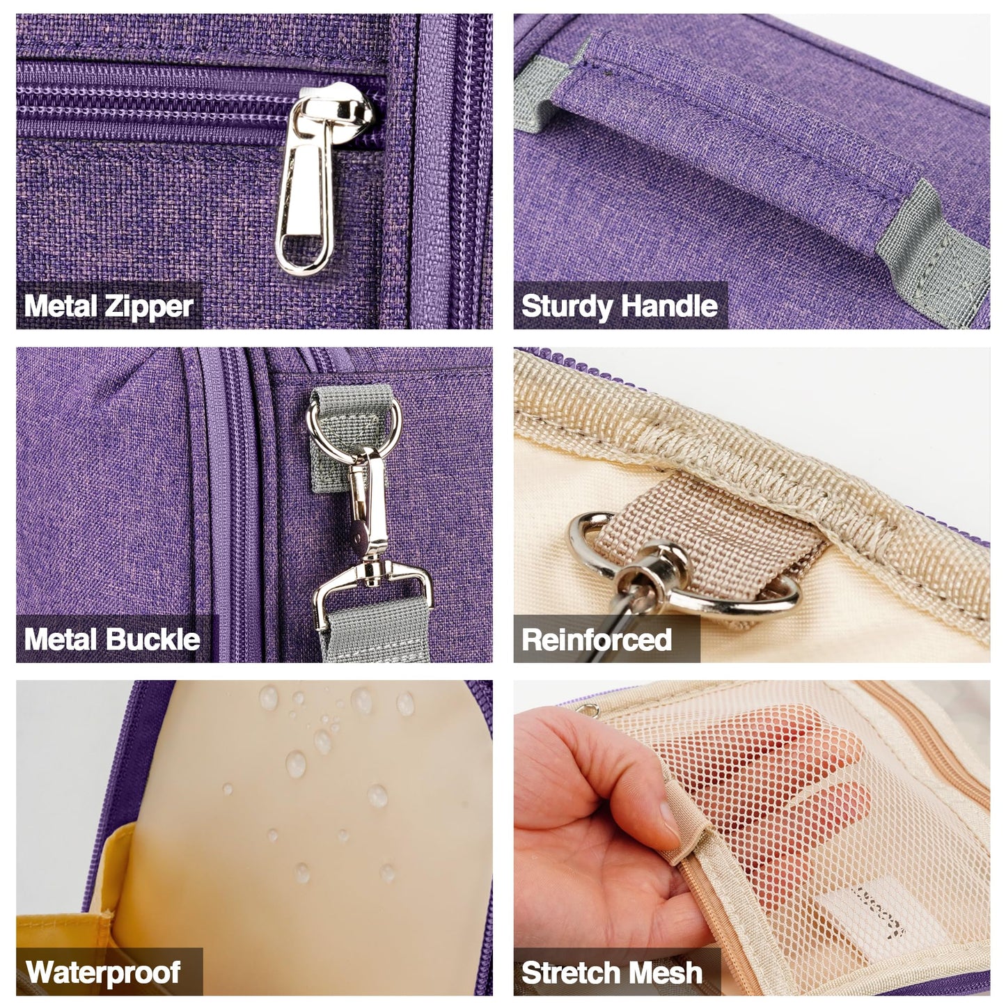 Travel Hanging Toiletry Bag for Women and Men, 6 Organizer Compartments, Holds Full Size Bottles, Extra Large Cosmetic Accessories, Makeup essentials, Bathroom Water-resistant Toiletries Bag, Purple