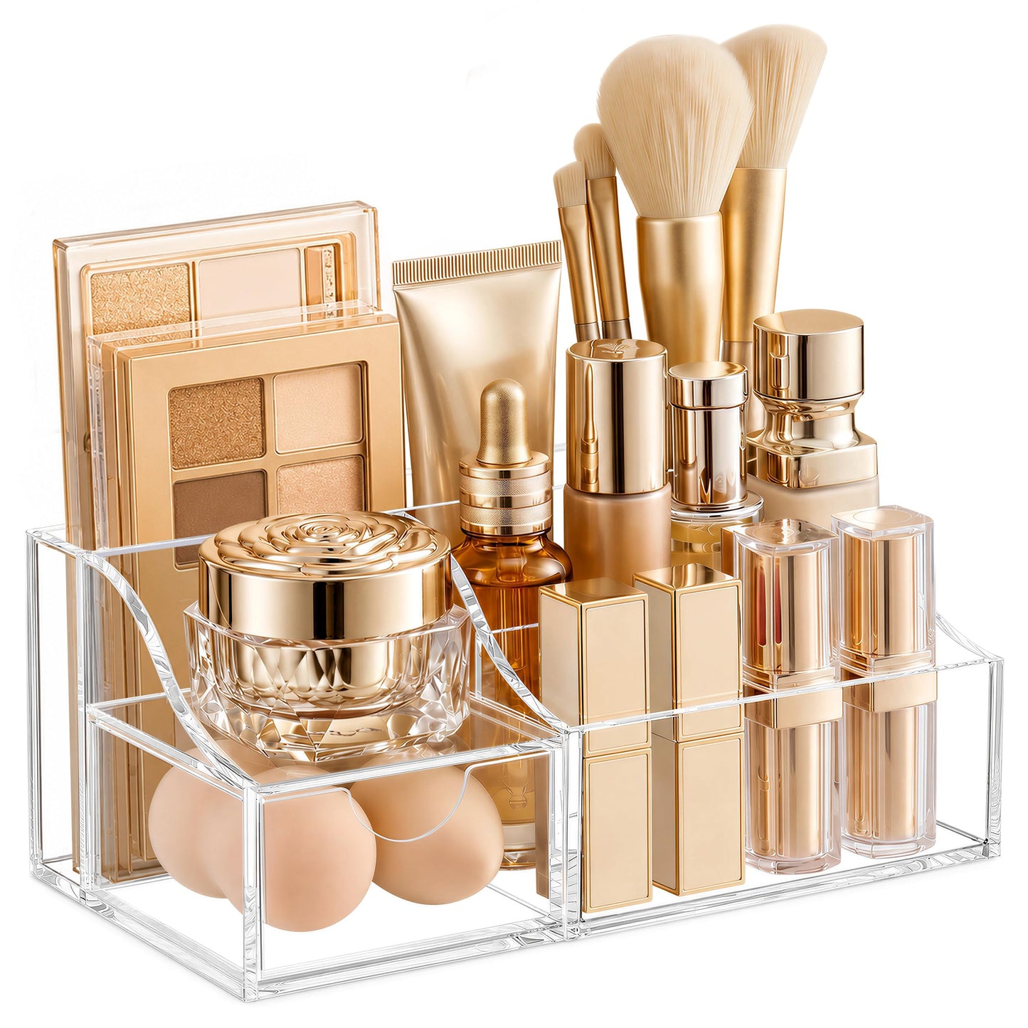 HBlife Makeup Organizer with Drawer – Cosmetic Storage for Vanity, Bathroom Countertop & Dresser, Skincare Organizer with Brush Holder, Beauty Display Case, Clear